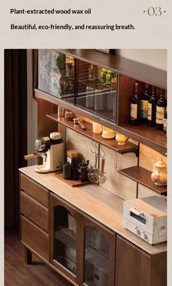 Black Walnut Solid Wood Buffet Cabinet with Retro Style and Rock Board Surface