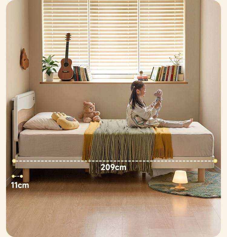 Rubberwood Solid Wood Kids Montessori Platform Bed with Adjustable Headboard, Warm White