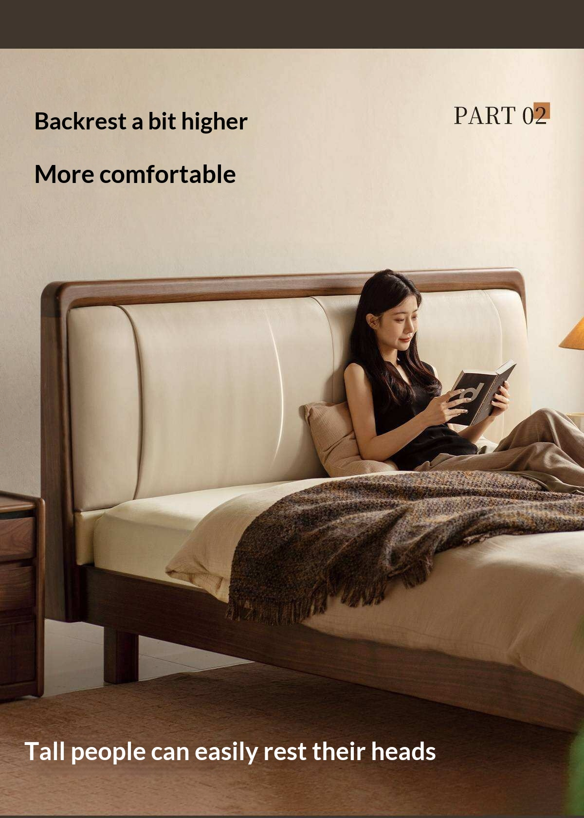 Black Walnut Solid Wood Italian Genuine Leather Bed with Down-Filled Upholstered Headboard
