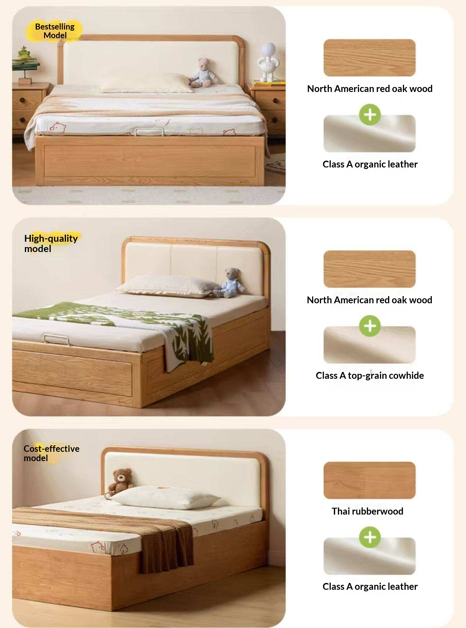 Oak, Rubberwood Solid Wood Upholstered Kids Storage Bed with Gas Lift and Rounded Headboard