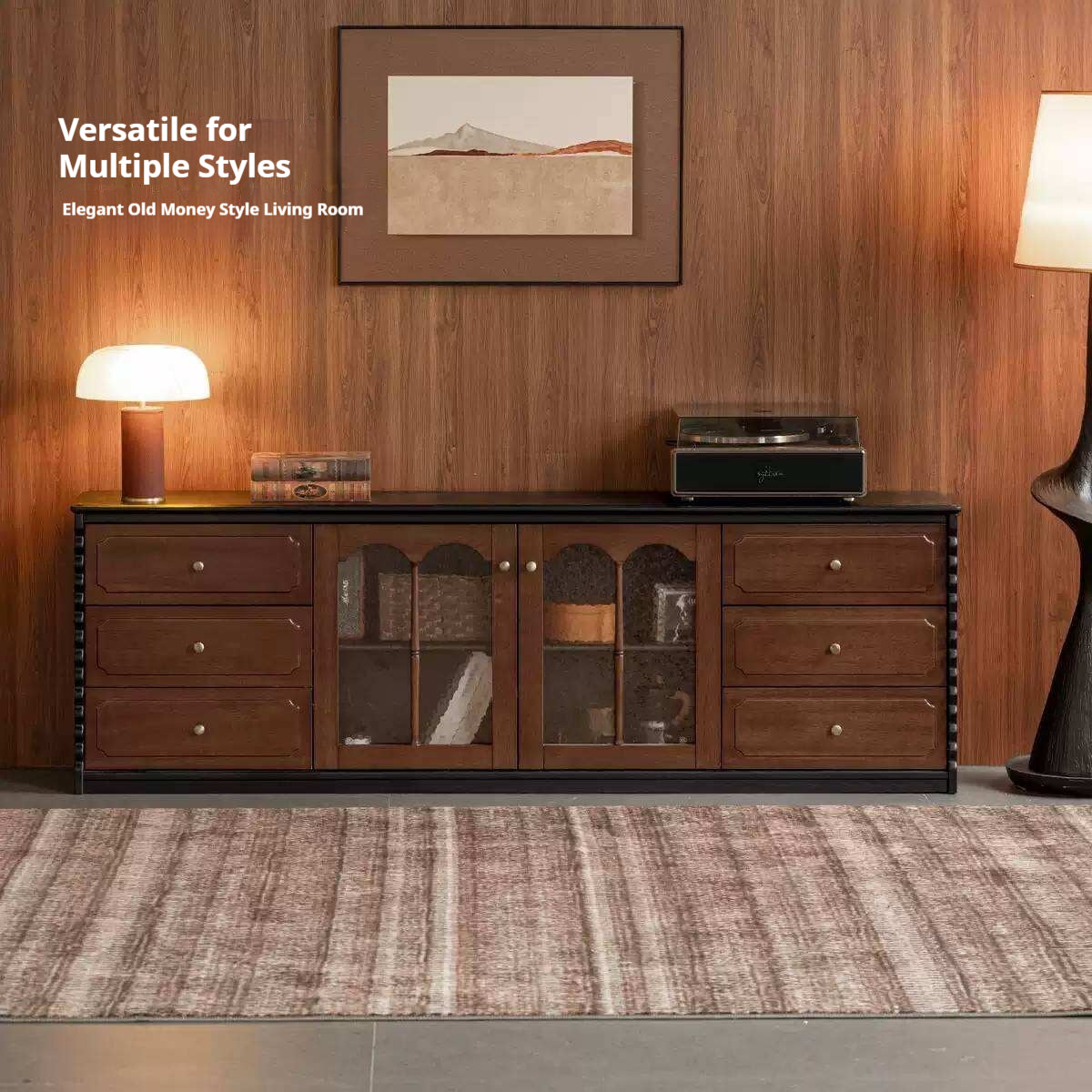 Ash Solid Wood TV Stand with Glass Doors and Drawers, French Style Media Console for Living Room