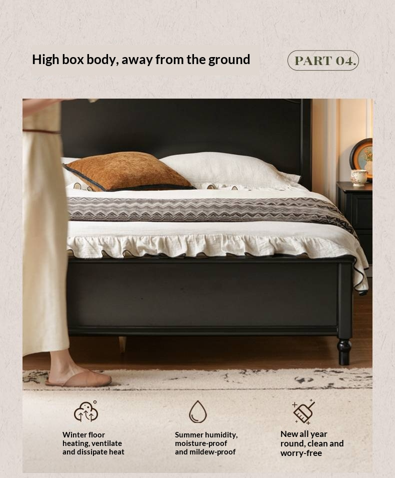 Rubberwood Solid Wood Bed American Retro Black Style