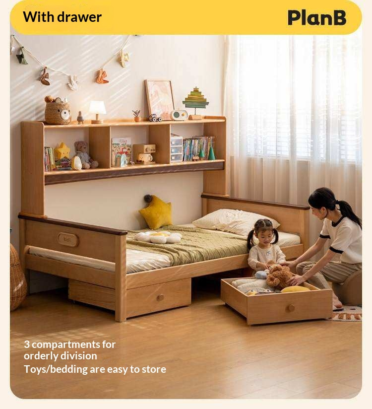 Beech Solid Wood Kids Bed with Bookcase Headboard and Pull-Out Trundle