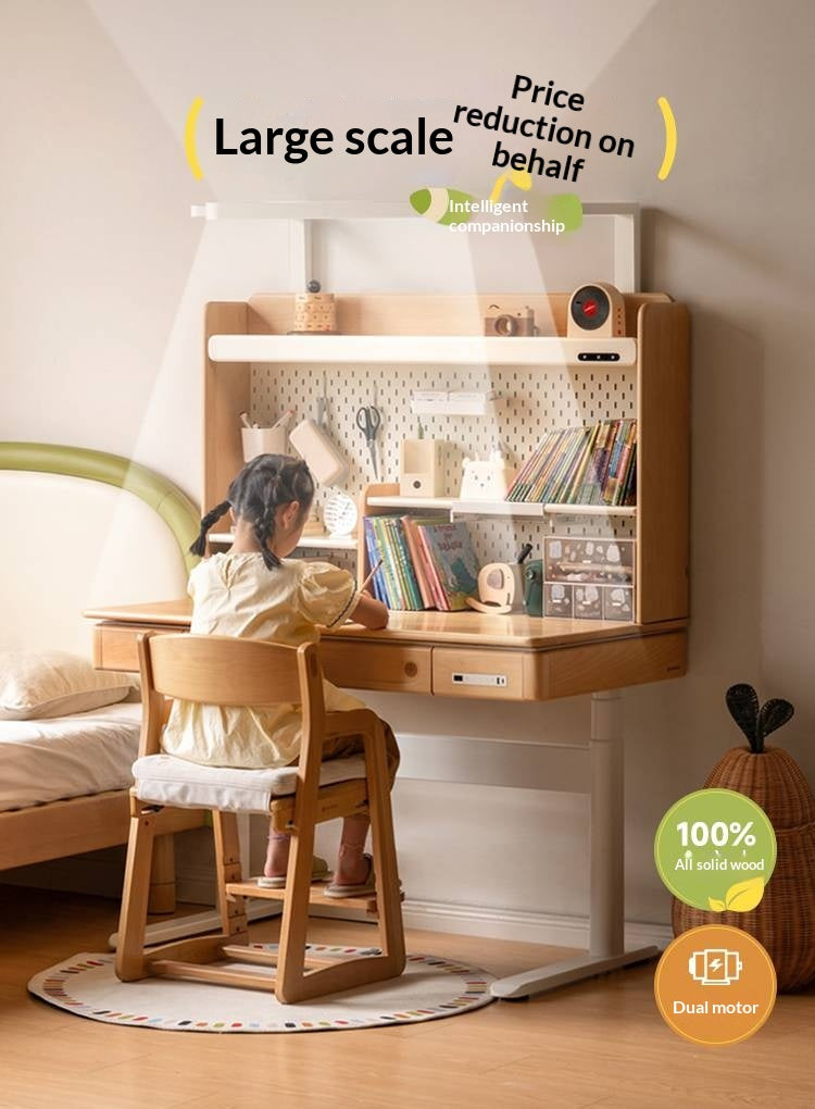 Beech Solid Wood Children's Study Desk with Electric Lift
