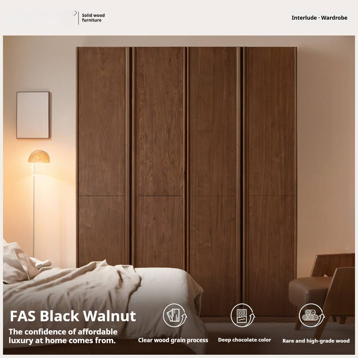 Black Walnut Solid Wood Wardrobe with Italian Light Luxury Style and Double Doors
