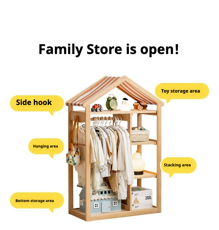 Poplar Solid Wood Children's Toy Storage Cabinet and Wardrobe With Hangers