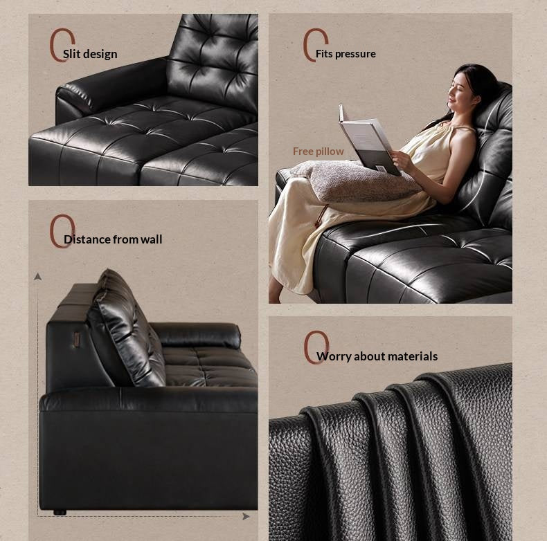 Genuine Leather Tufted Pull-Out Sleeper Sofa with Storage Chaise