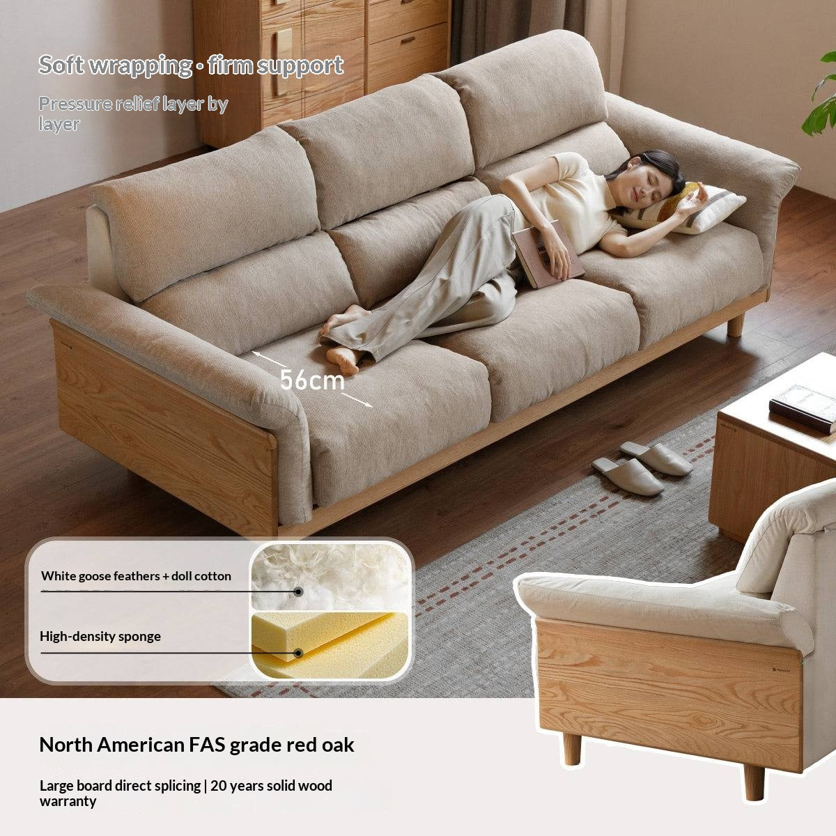 Oak Solid Wood Fabric Sofa, Couch with High Back Cushions, Durable Pet-Friendly Upholstery