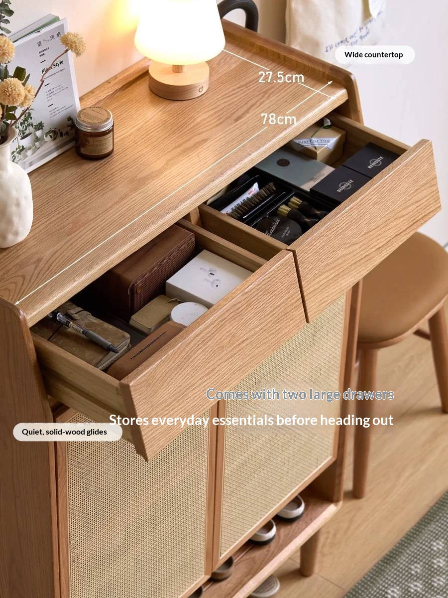 Oak Solid Wood Modern Entryway Shoe Cabinet with Drawers
