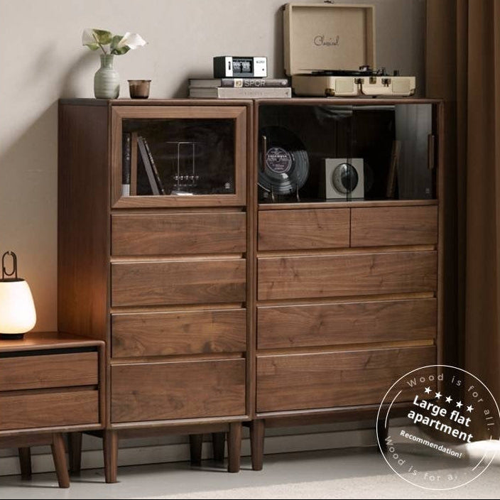Black Walnut, Solid Rubberwood Wood Tall Accent Cabinet with Sliding Glass Door and Drawers