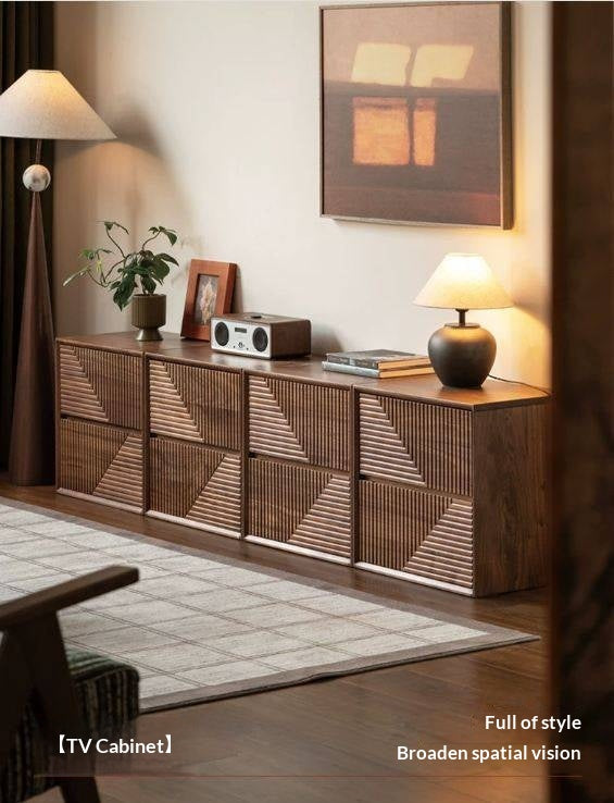 Black Walnut, Sandalwood Solid Wood Modular Storage Cabinet, Mid Century Dresser with Geometric Front Design