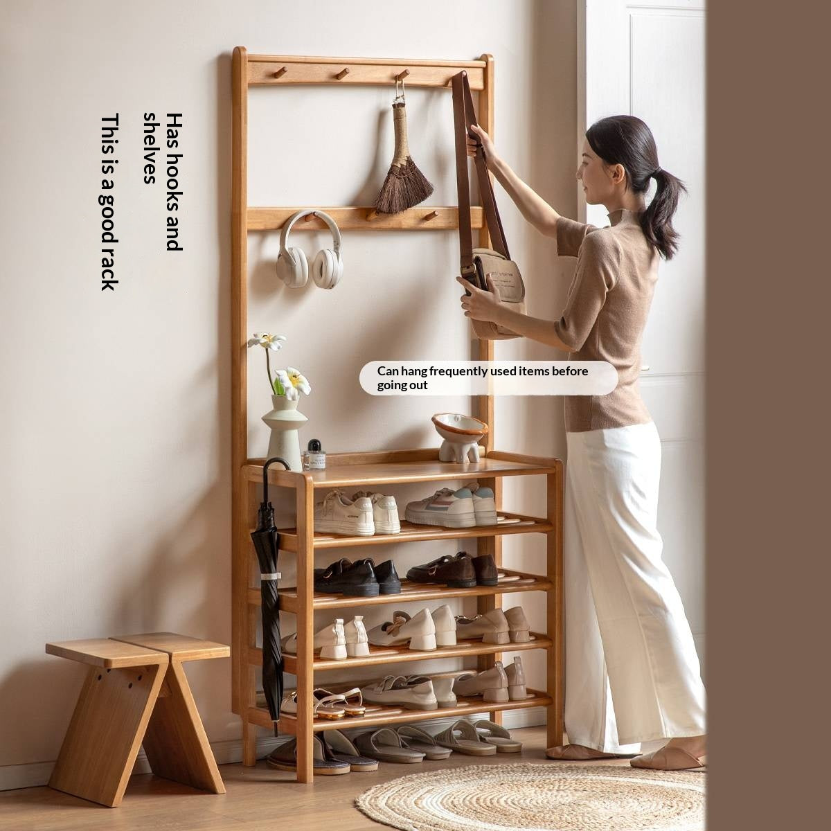 Solid RubberWood Multi-Tiered Shoe Rack For Shoes, Clothes And Hats