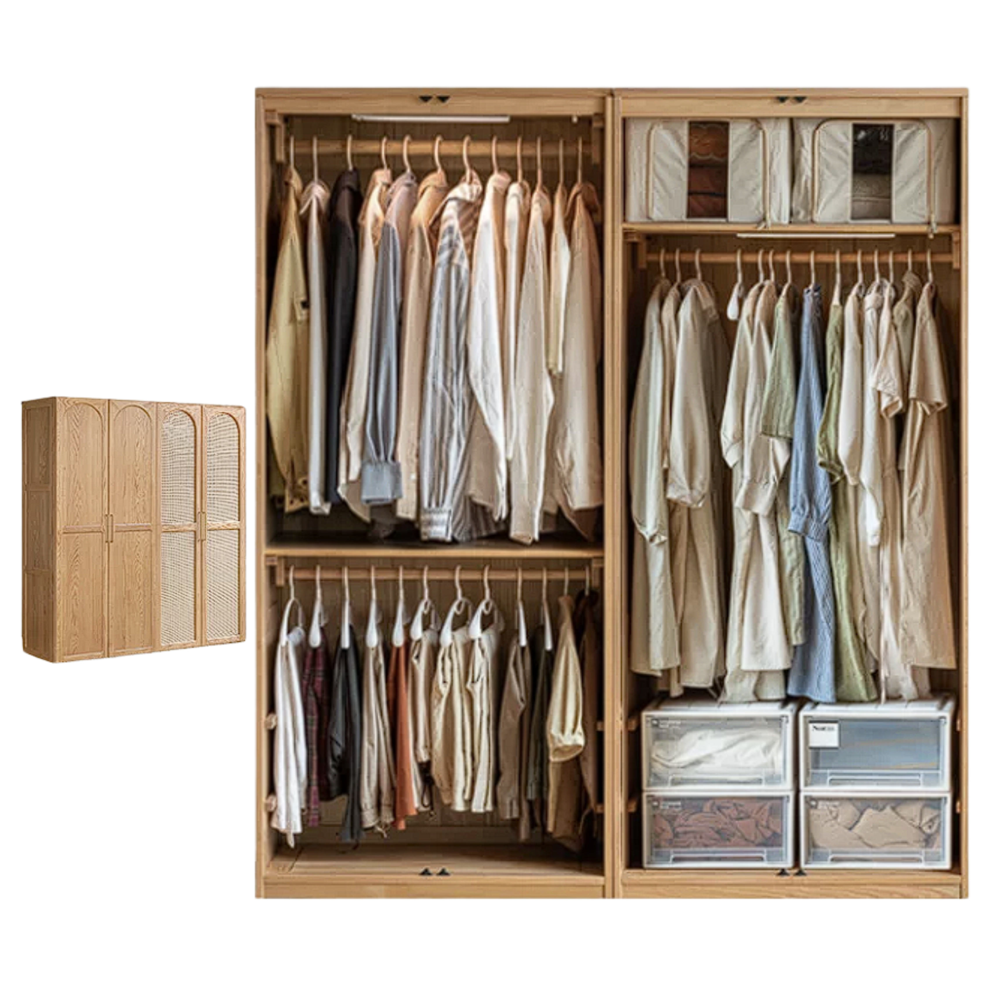 Oak Solid Wood Rattan Door Floor Wardrobe