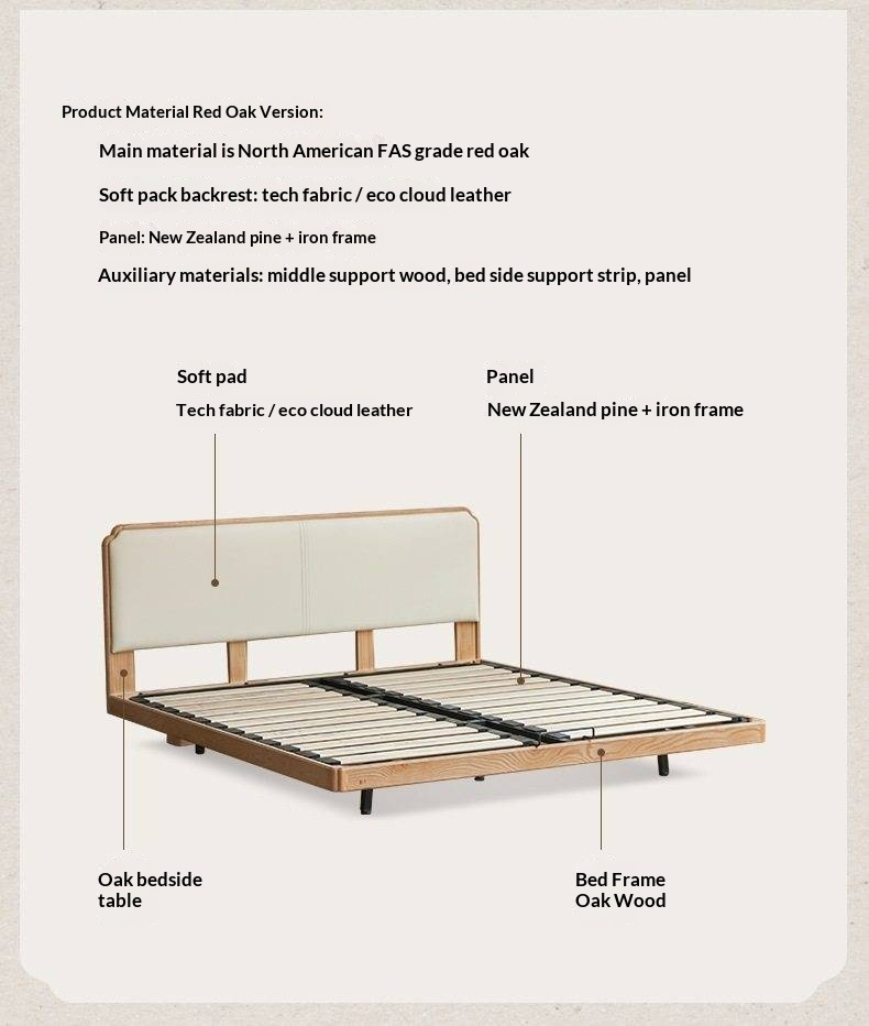 Oak Solid Wood Upholstered Bed — Modern Minimalist Design with Flush Edges
