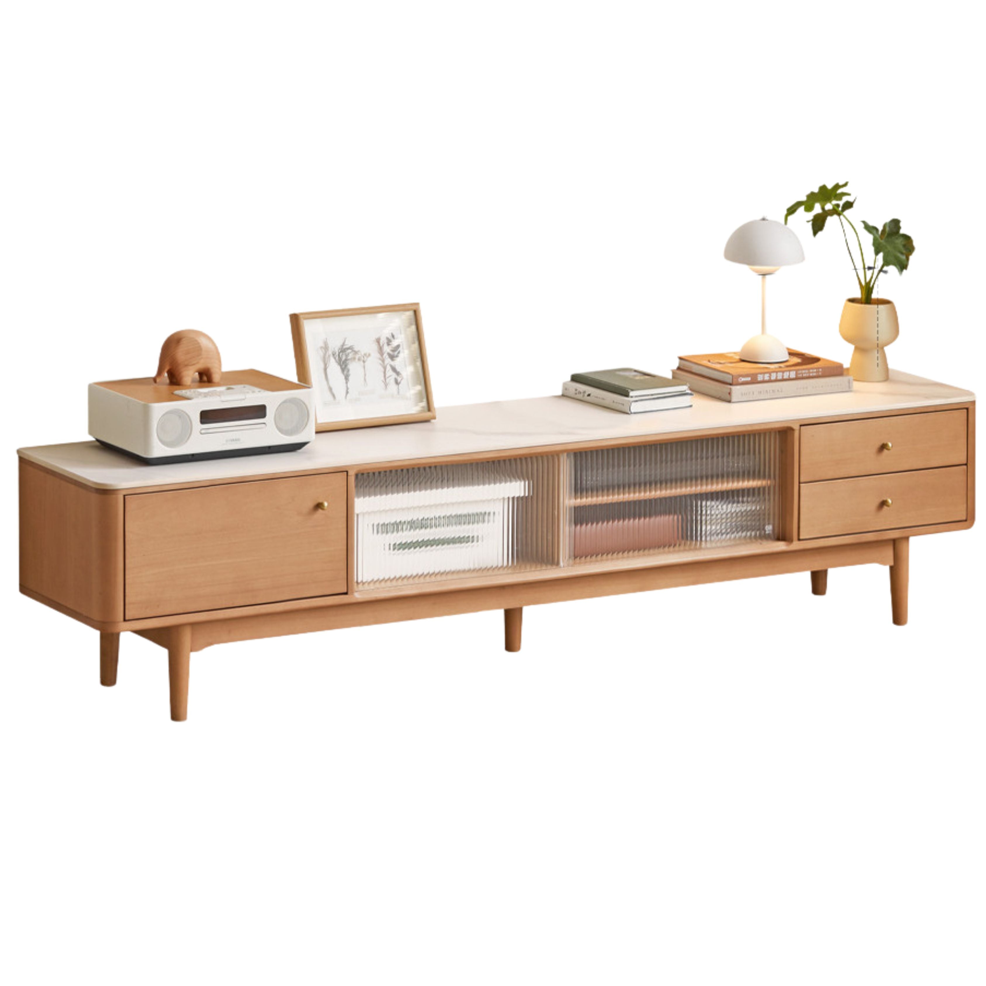 Oak Solid Wood Sliding Door TV Stand With Rock Slab Surface