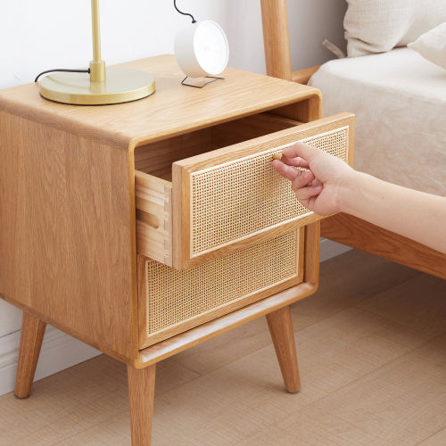 Oak Solid Wood Rattan Nightstand