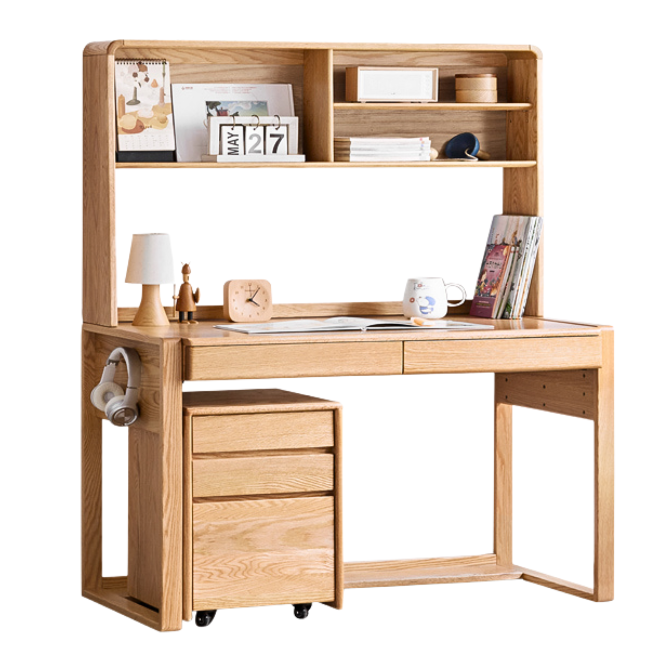 Oak solid wood kids study table can be lifted and adjusted