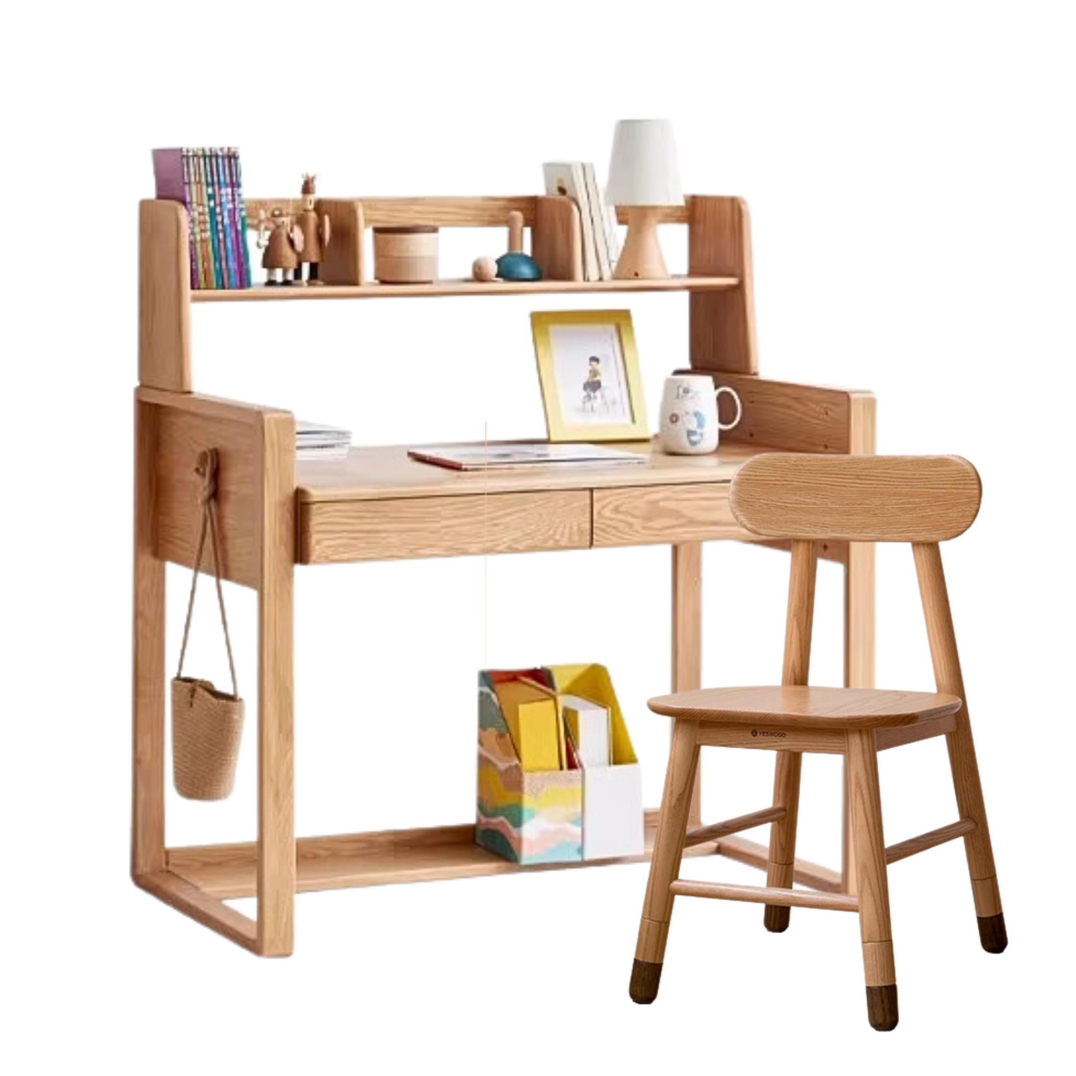 Oak solid wood kids study table can be lifted and adjusted