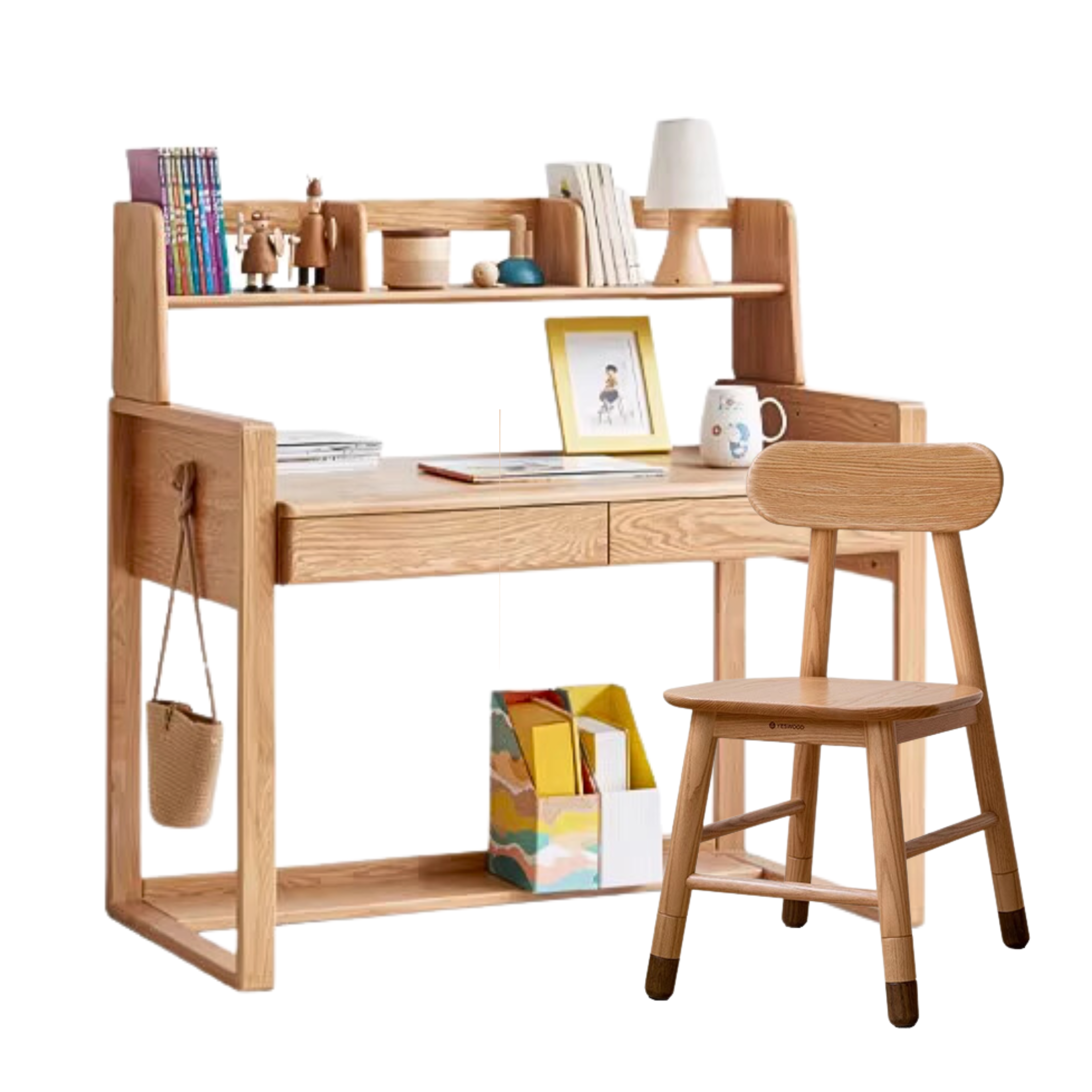 Oak solid wood kids study table can be lifted and adjusted