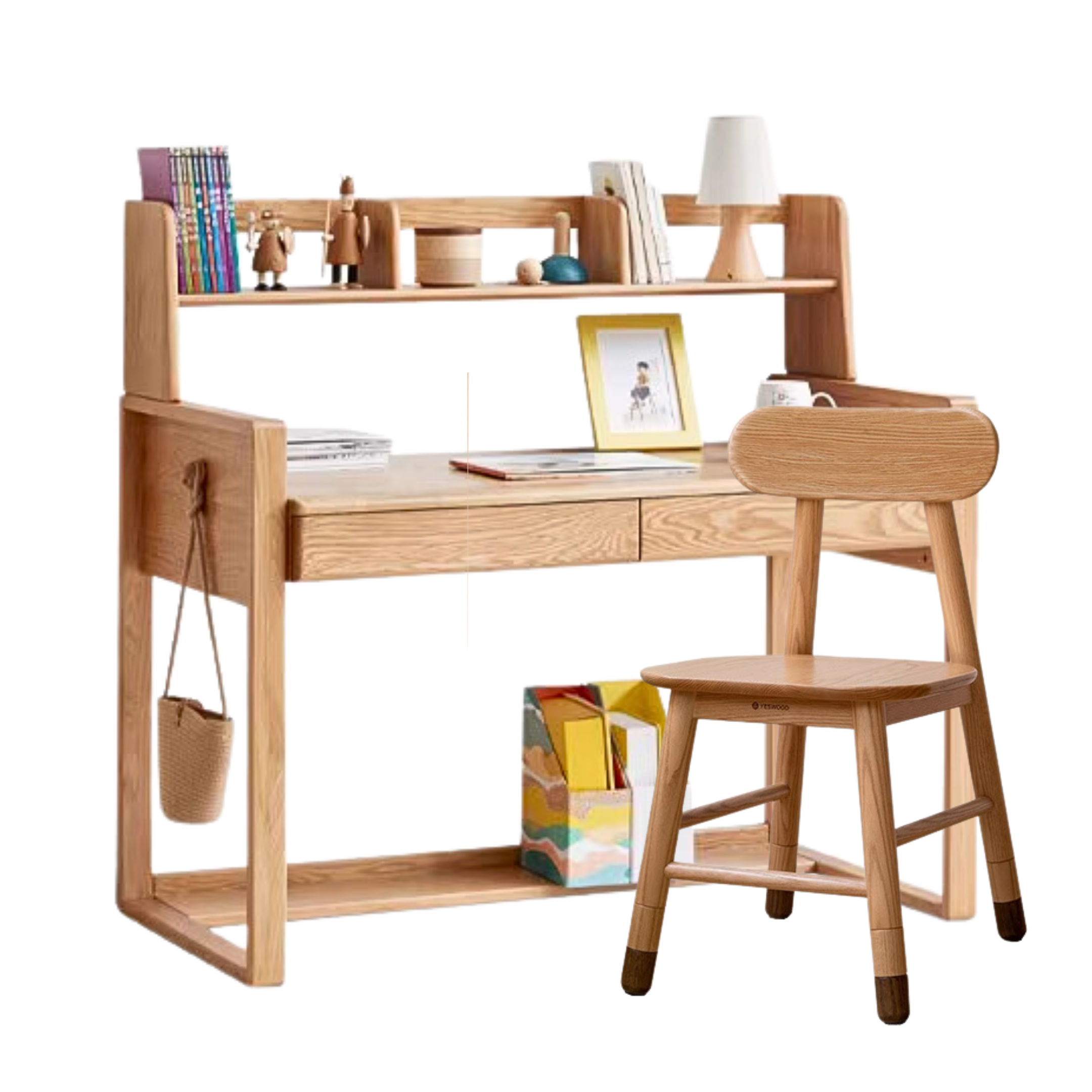 Oak solid wood kids study table can be lifted and adjusted