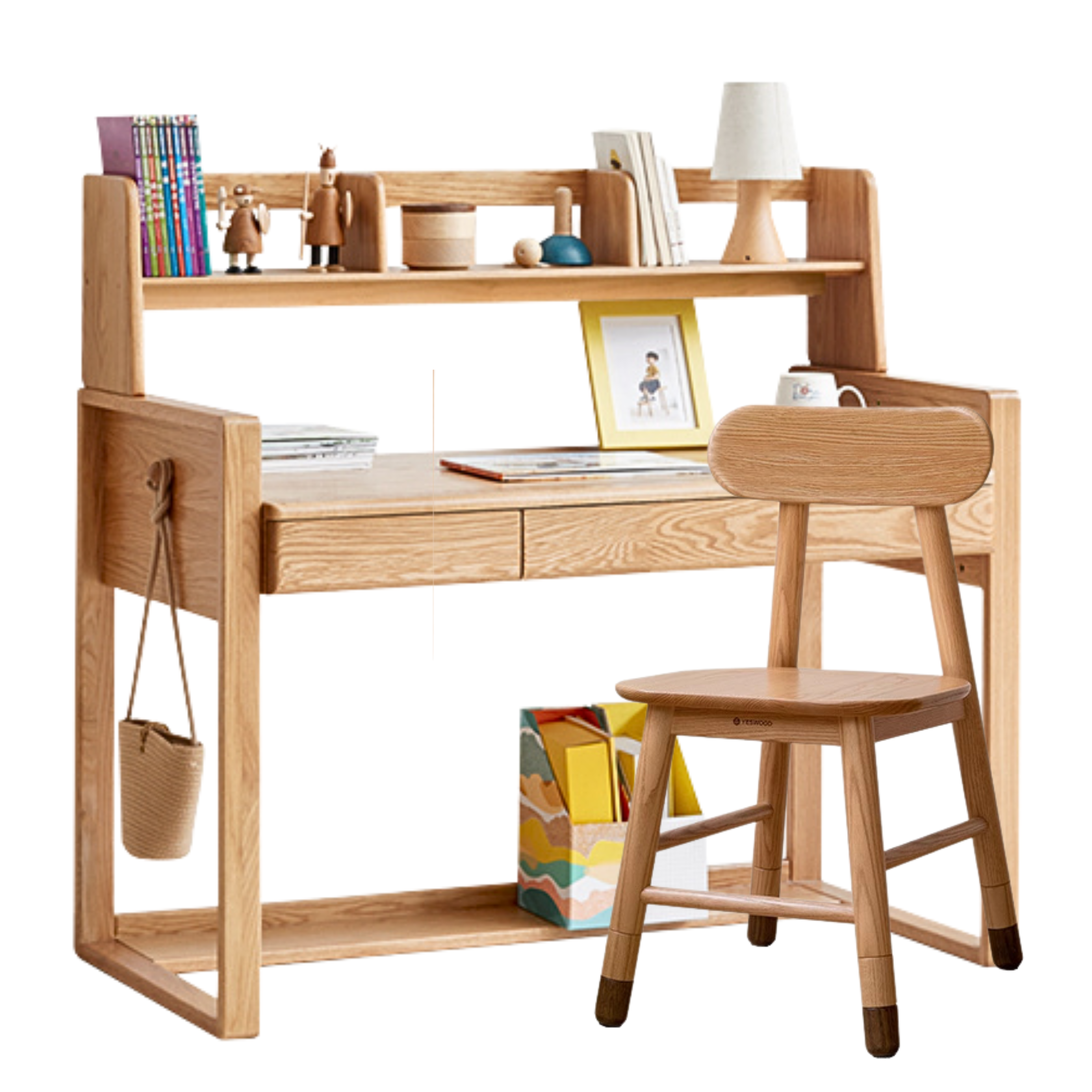 Oak solid wood kids study table can be lifted and adjusted