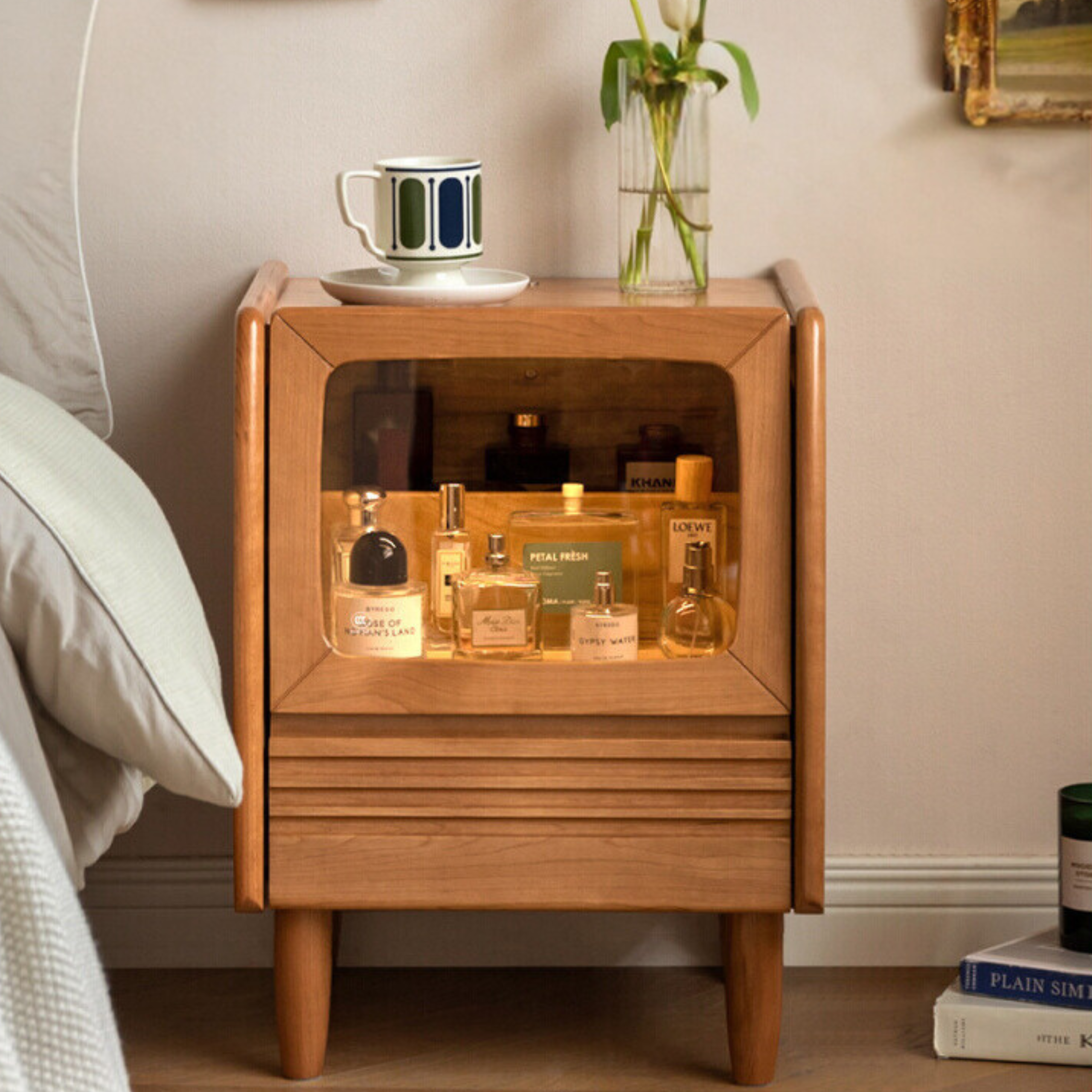 Cherry Wood Art Retro Nightstand with Light Glass