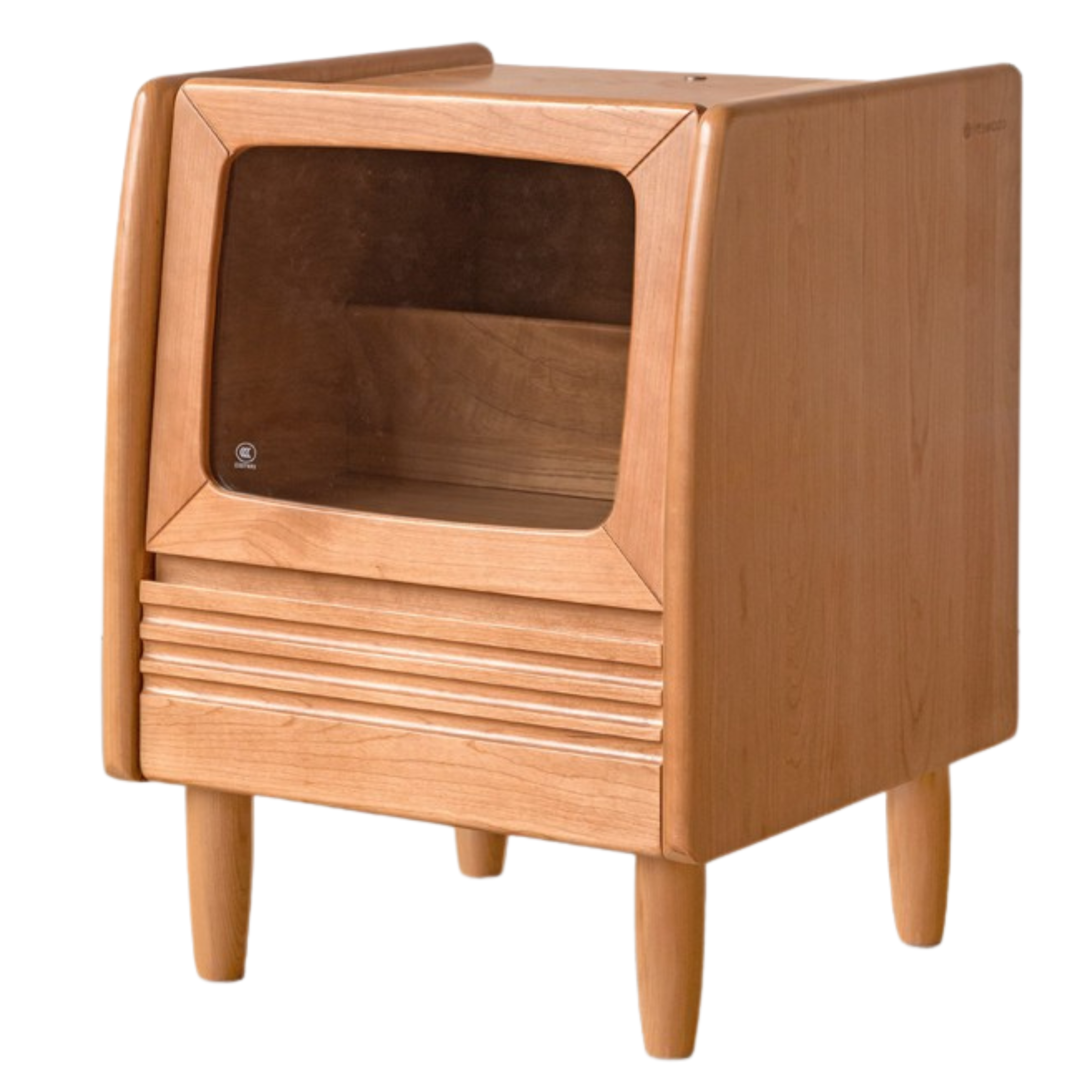 Cherry Wood Art Retro Nightstand with Light Glass