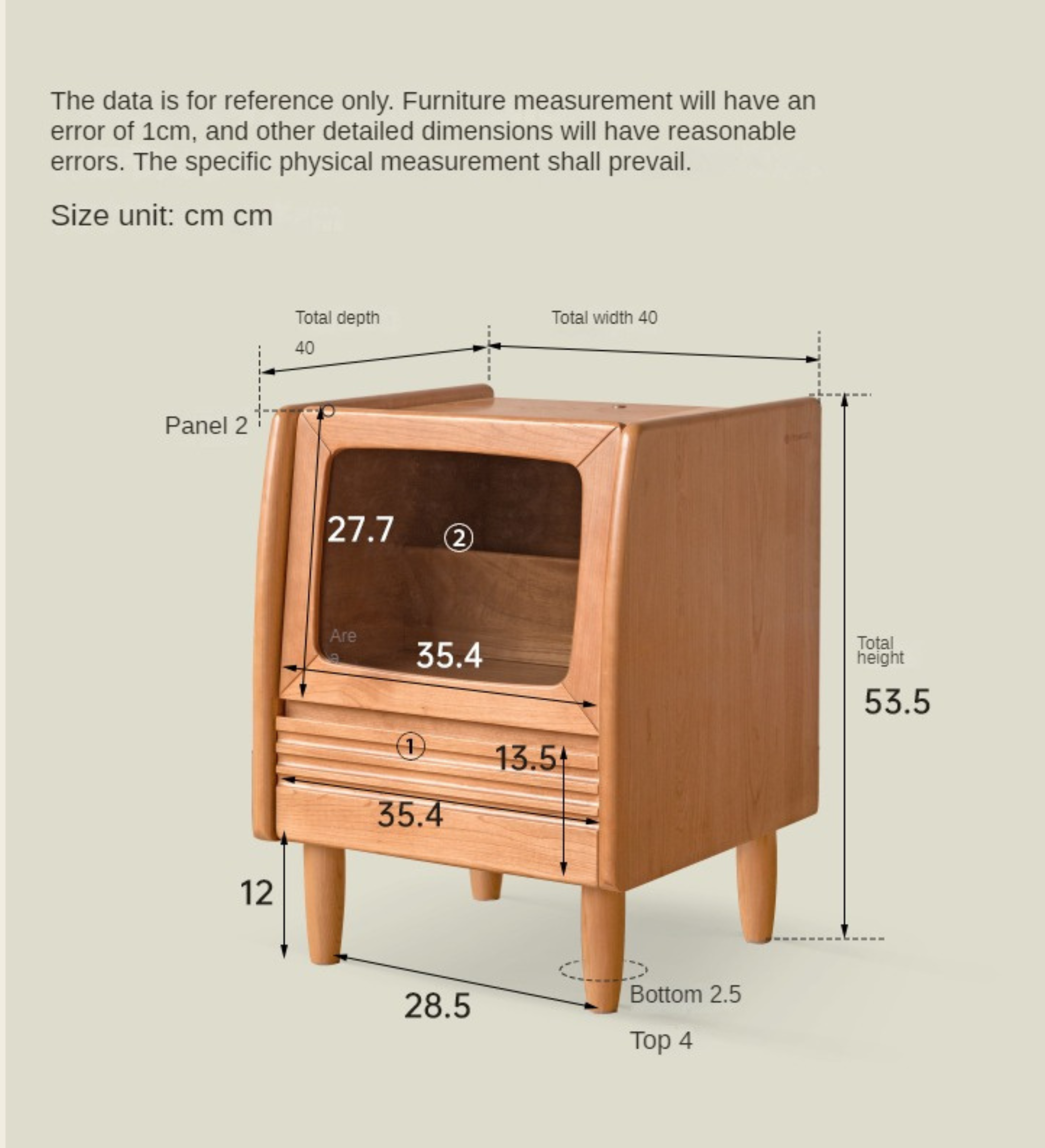 Cherry Wood Art Retro Nightstand with Light Glass