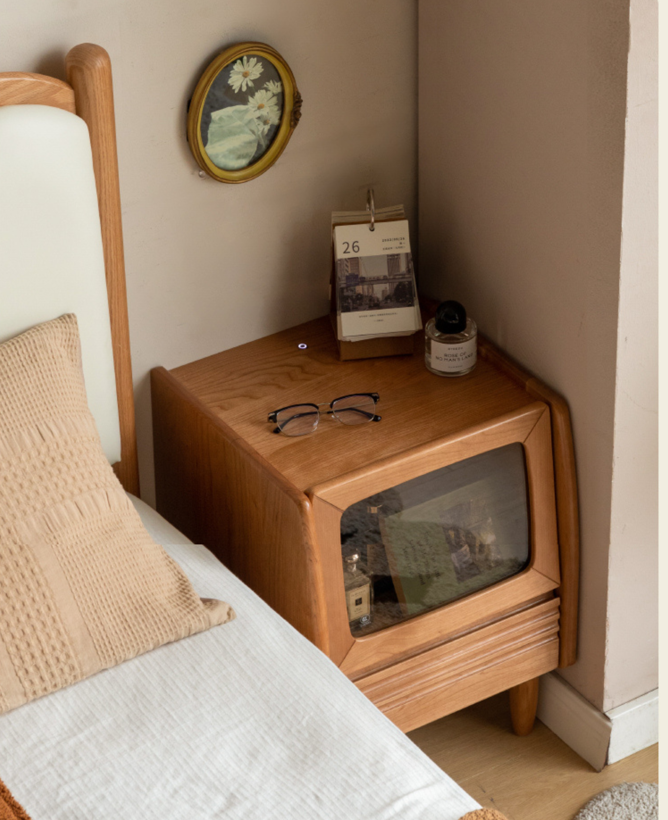 Cherry Wood Art Retro Nightstand with Light Glass