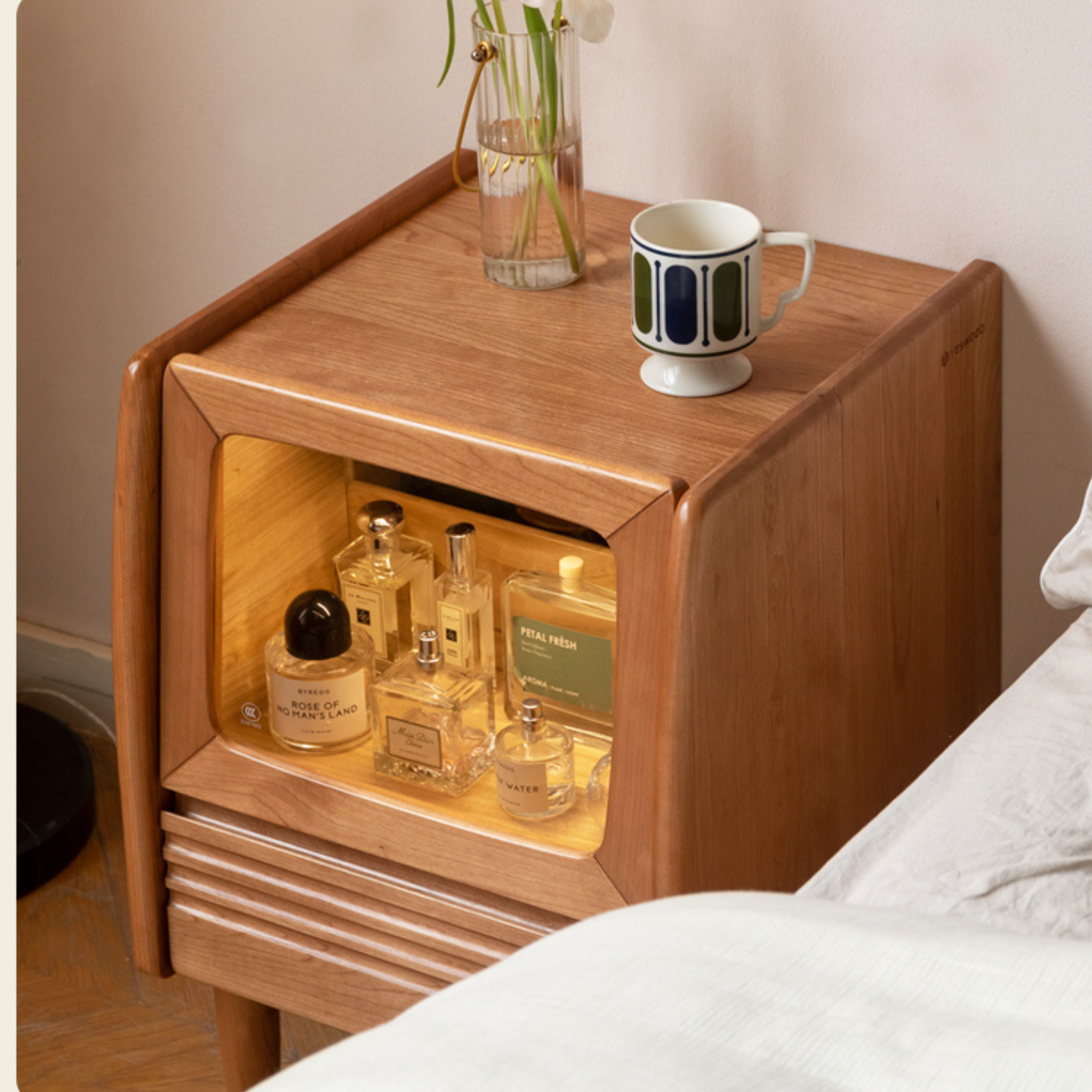 Cherry Wood Art Retro Nightstand with Light Glass