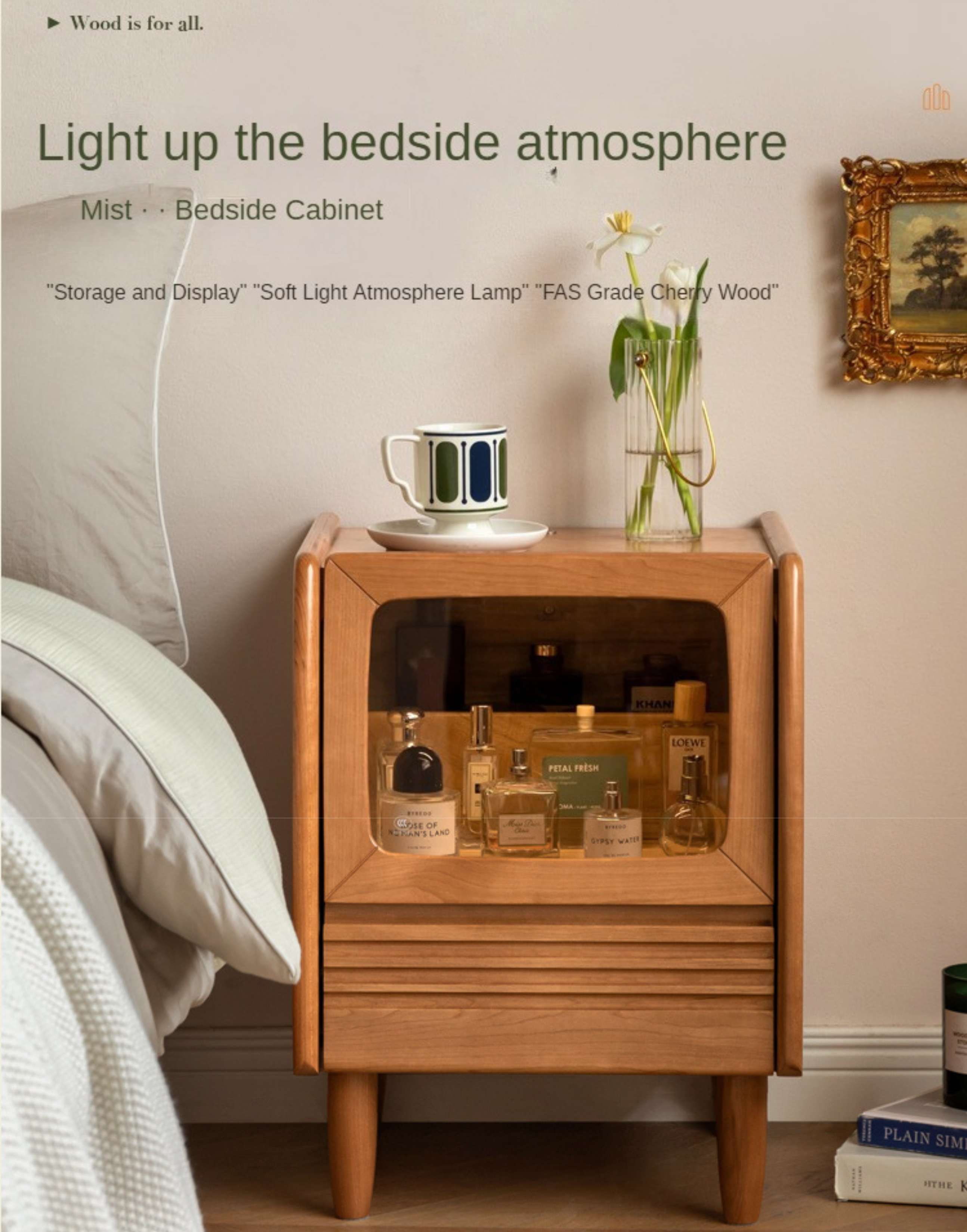 Cherry Wood Art Retro Nightstand with Light Glass