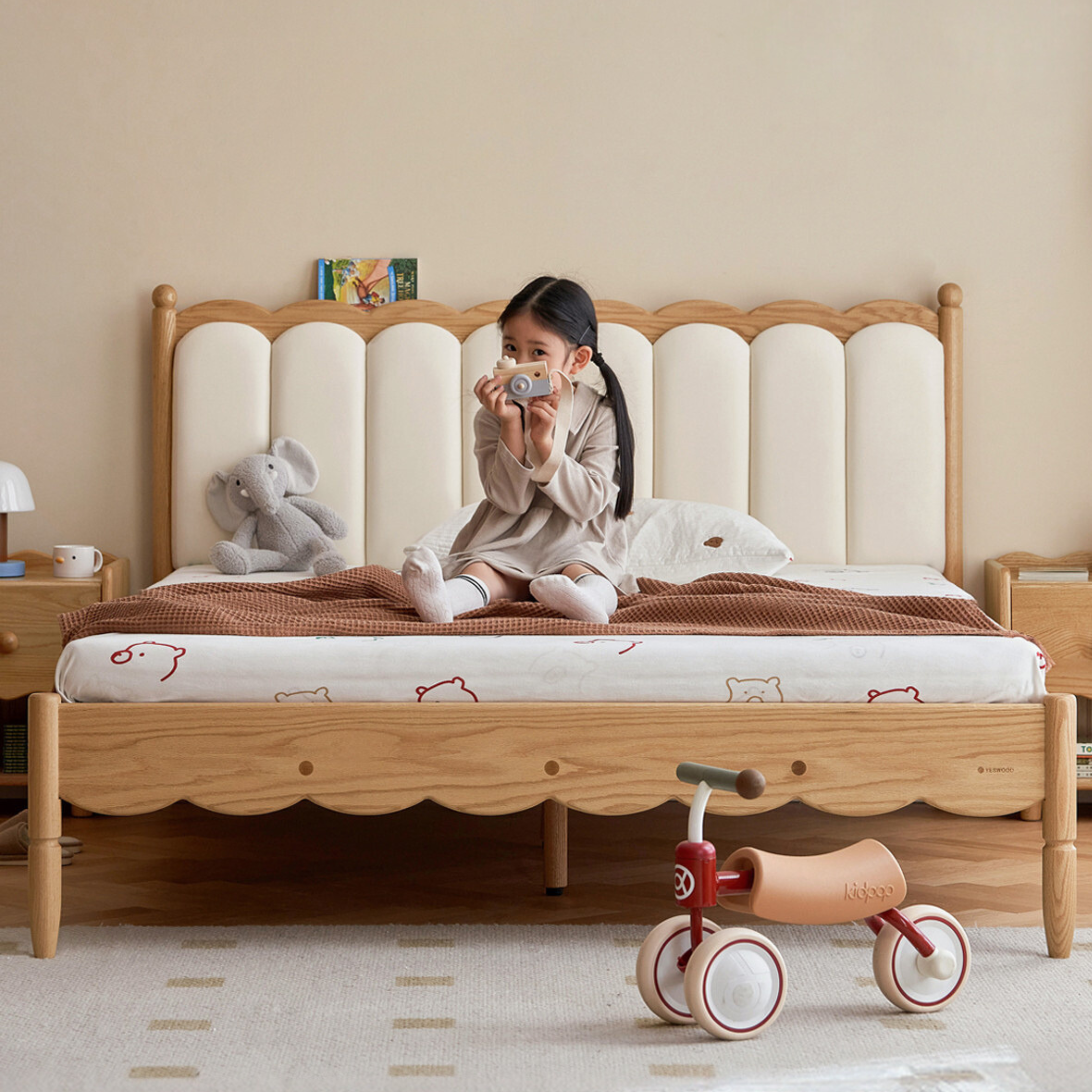 Oak solid wood Milky white kids upholstered bed with soft headboard<