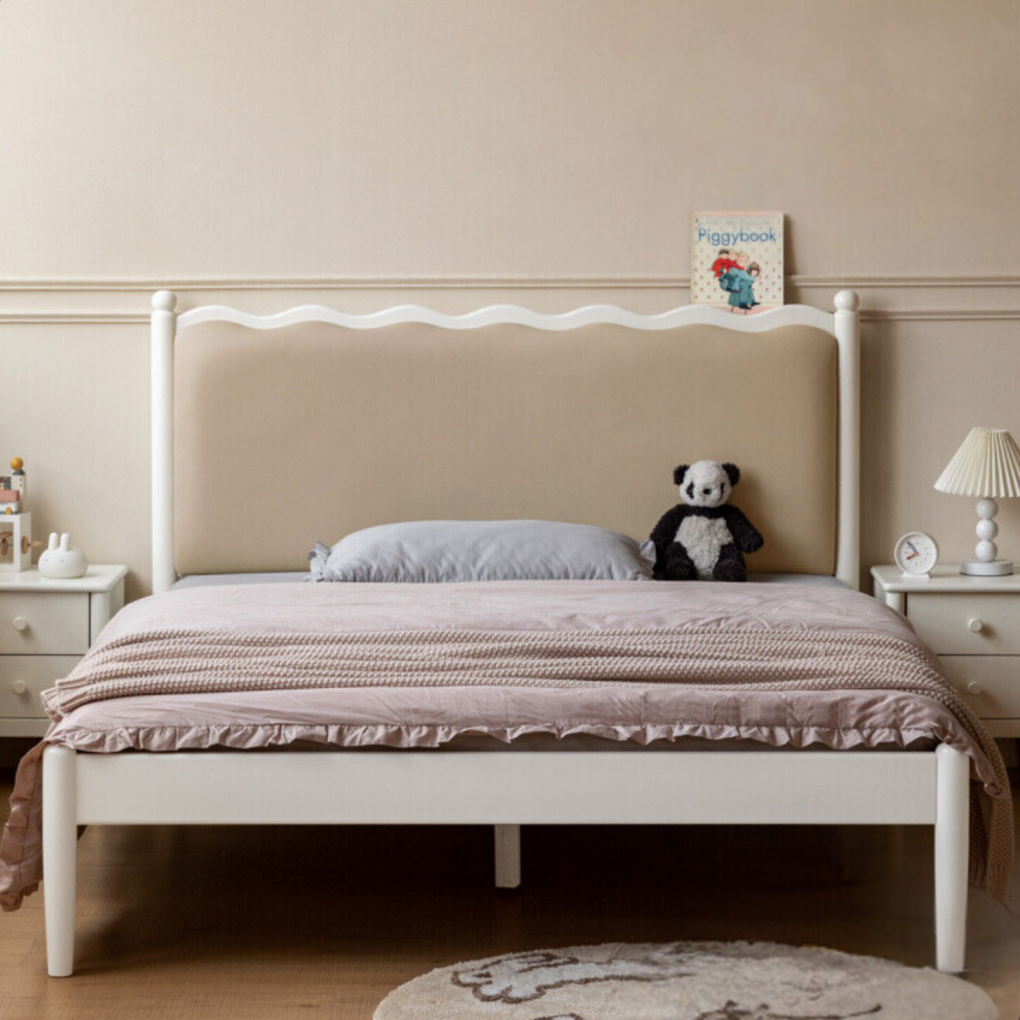 Rubber Wood Children's Bed with organic leather Cream Style.