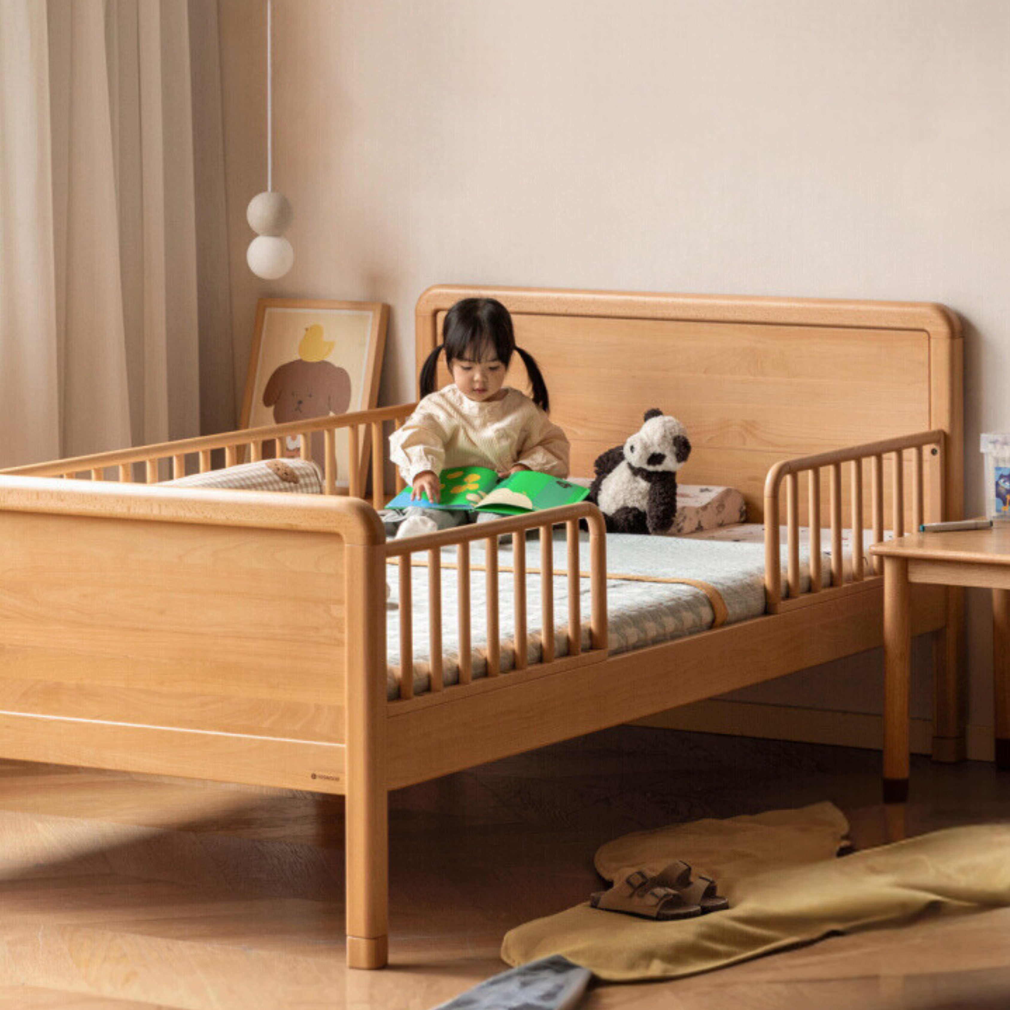 Beech solid wood children's bed with guardrail spliced bed<