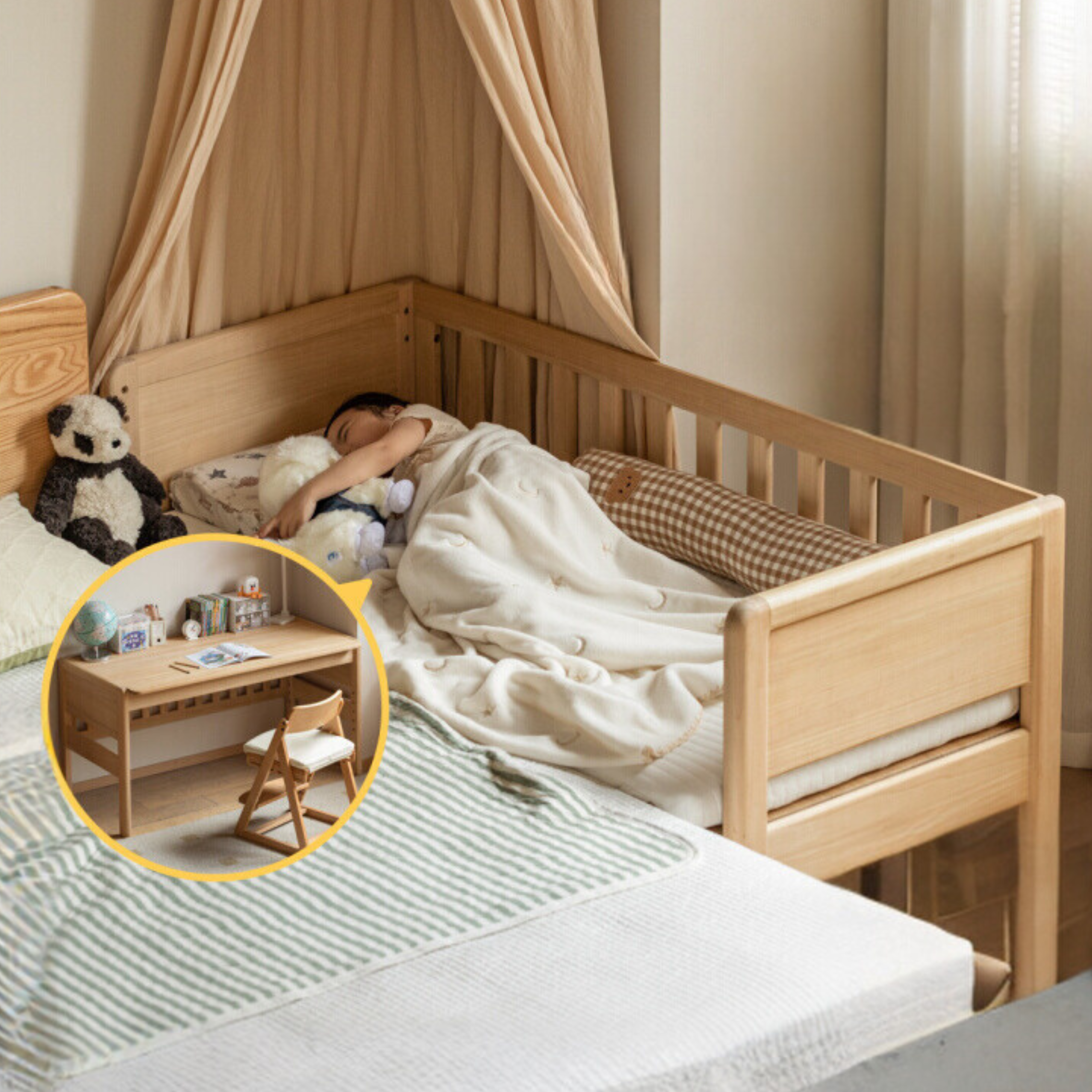 Poplar solid wood children's with guardrail spliced bed.