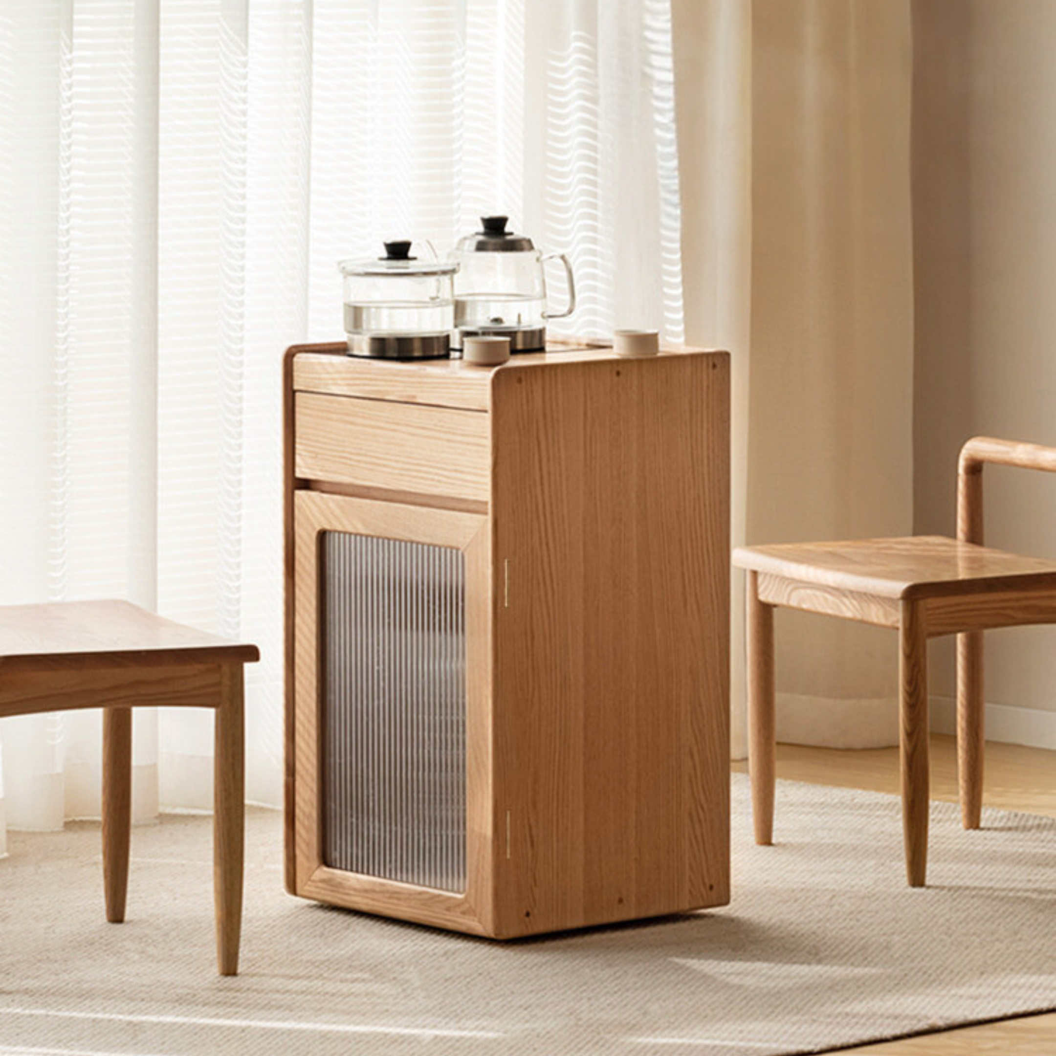 Black Walnut, Oak Solid Wood Movable Tea Cabinet