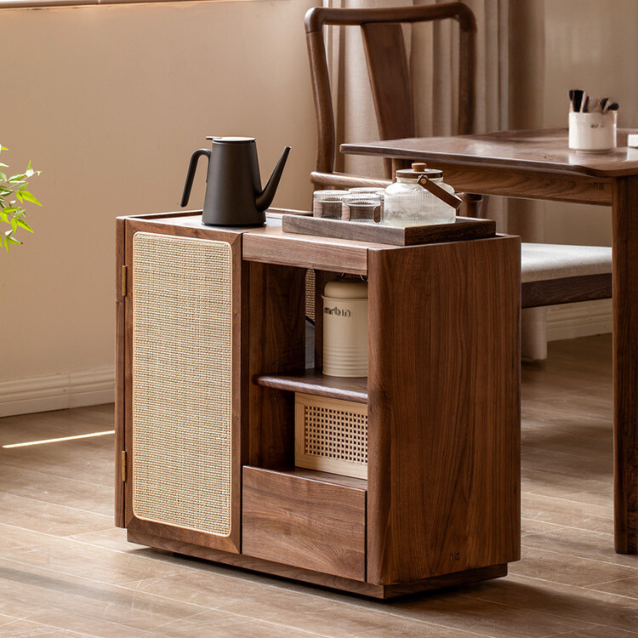 Black Walnut, Oak, Ash Solid Wood Mobile Tea Cabinet