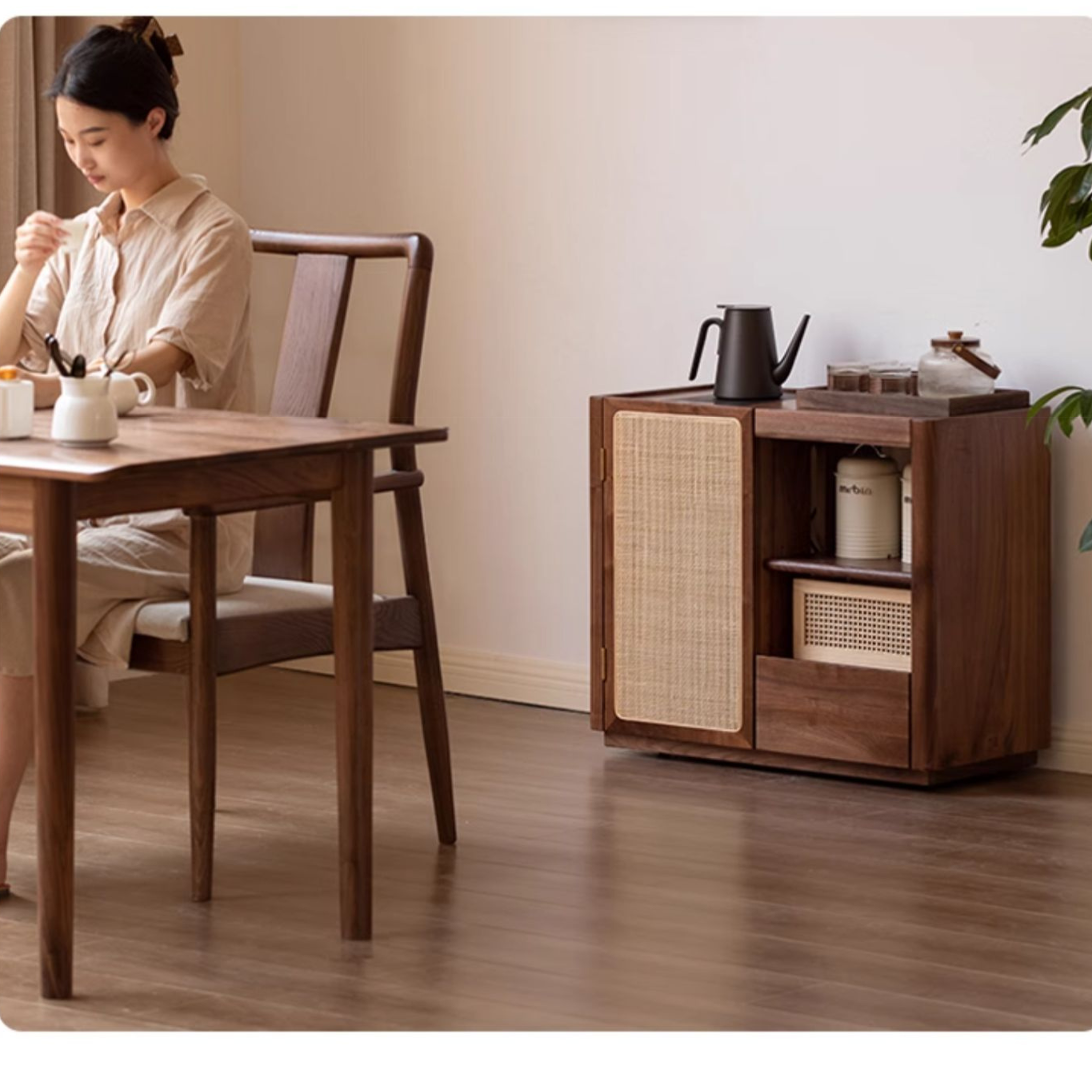 Black Walnut, Oak, Ash Solid Wood Mobile Tea Cabinet