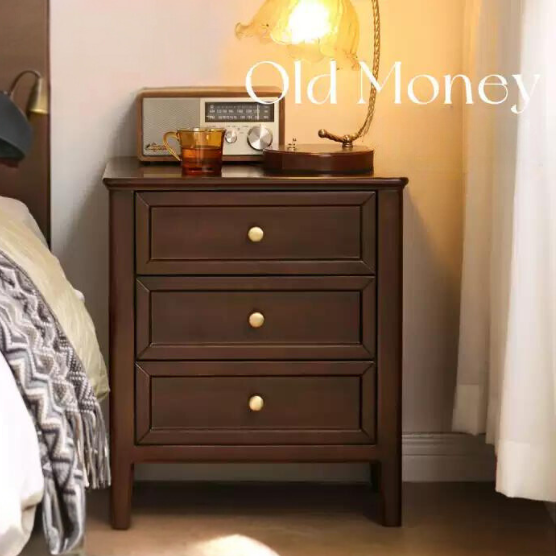 Poplar Solid Wood Retro Three-drawer Bedside Table ,