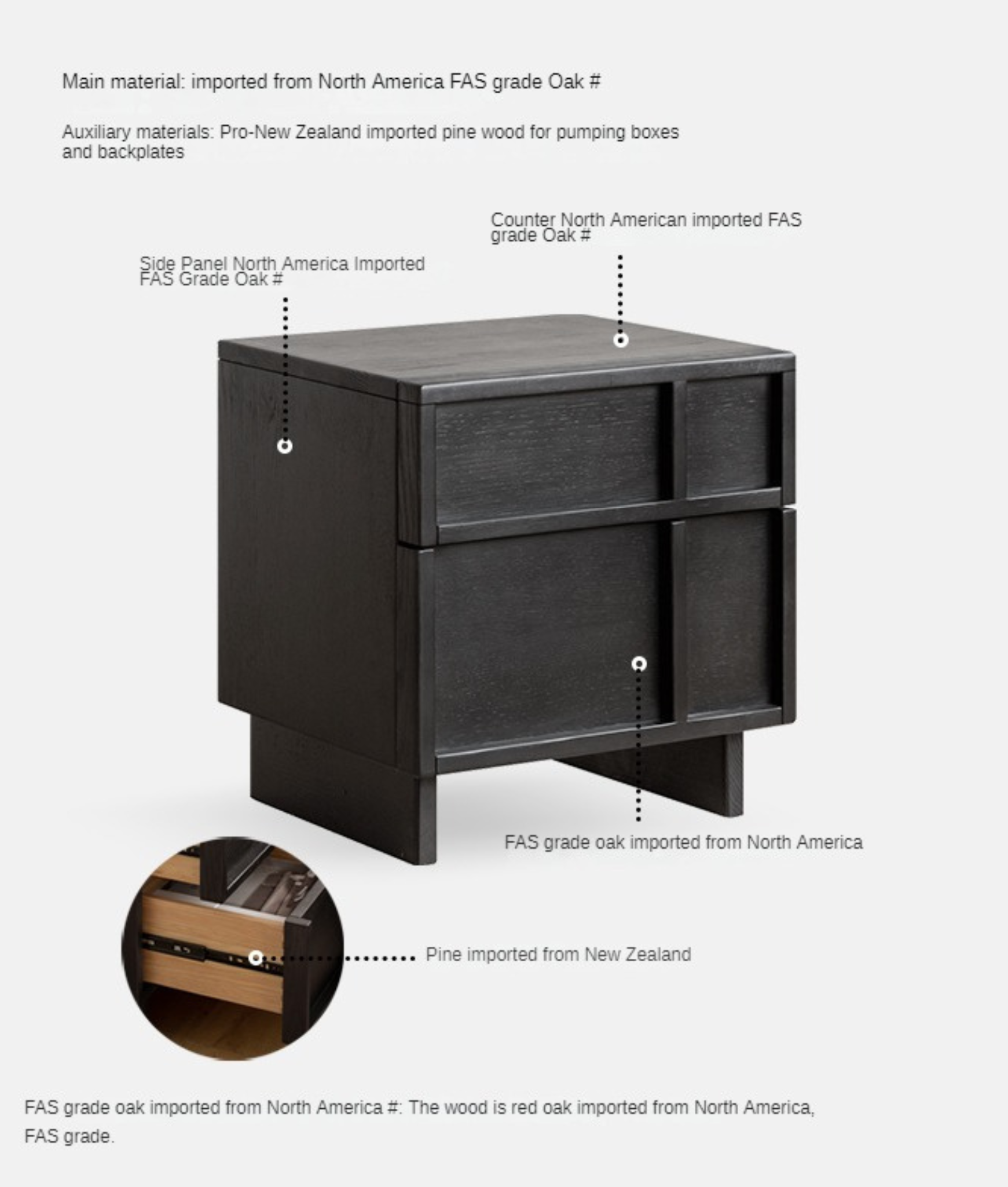 Oak Solid Wood Modern Black Storage Nightstand ,