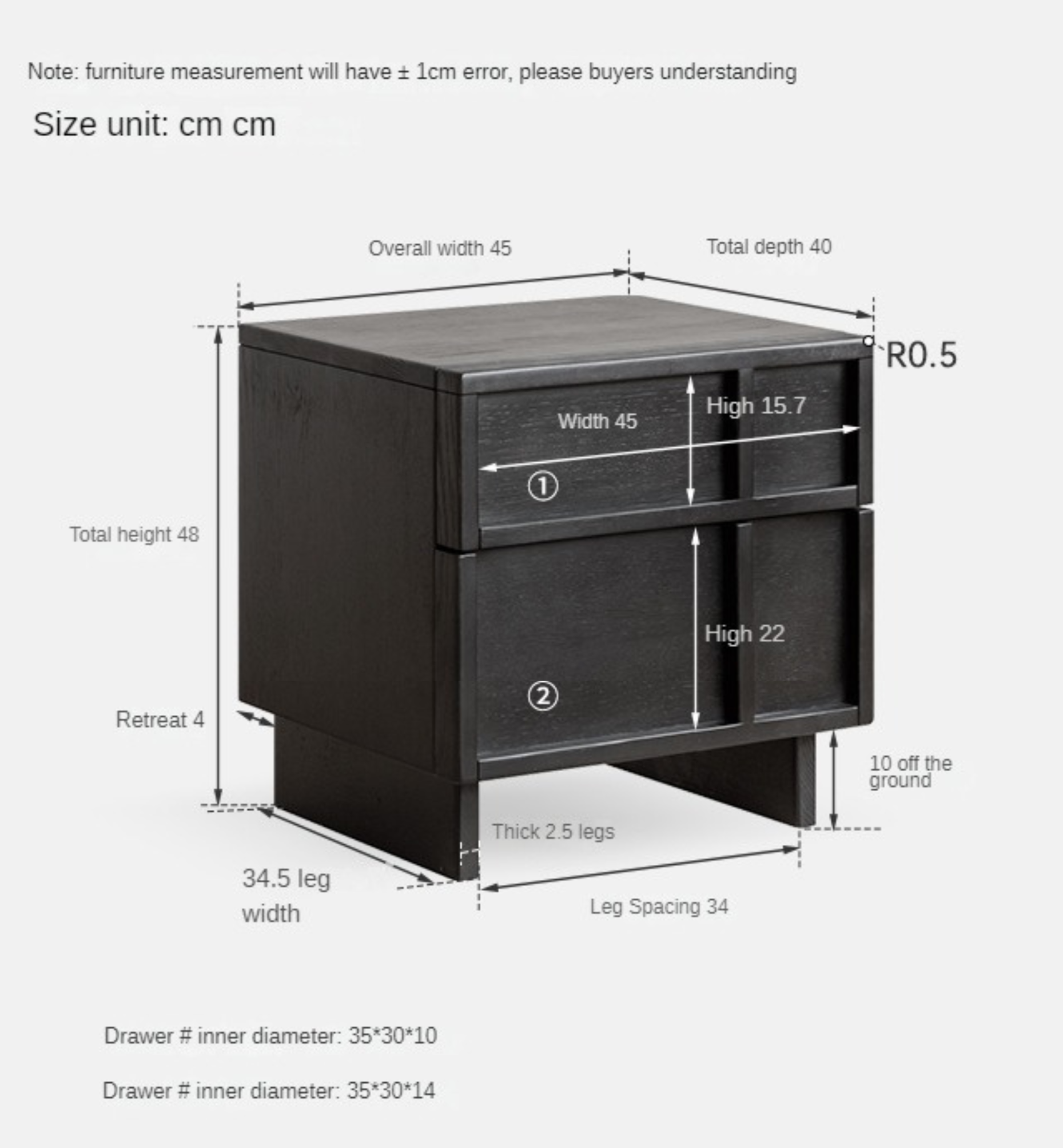 Oak Solid Wood Modern Black Storage Nightstand ,