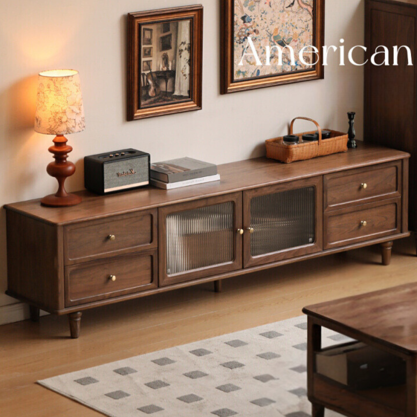 Black walnut solid wood American retro locker TV cabinet ,