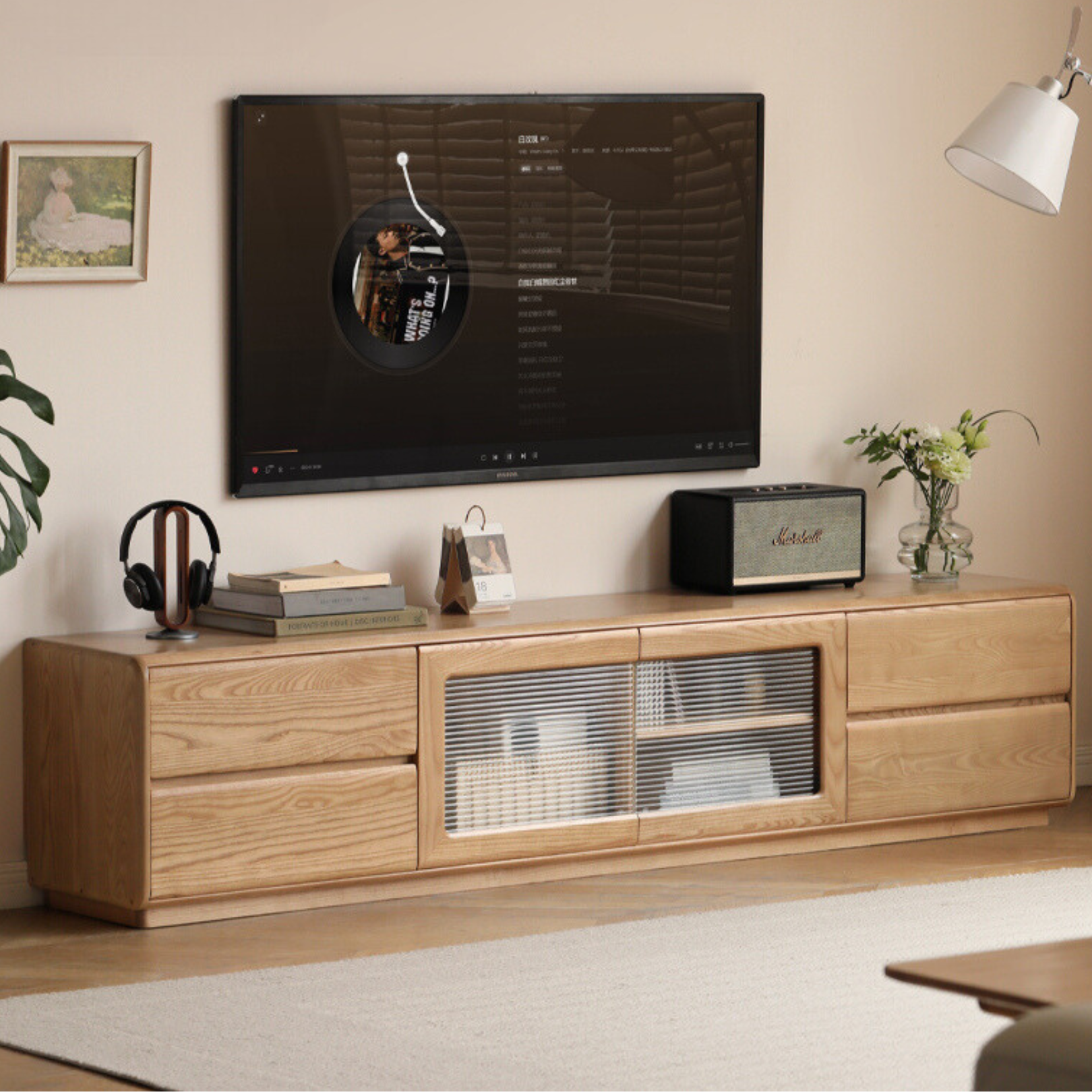 Ash solid wood high floor storage TV cabinet,