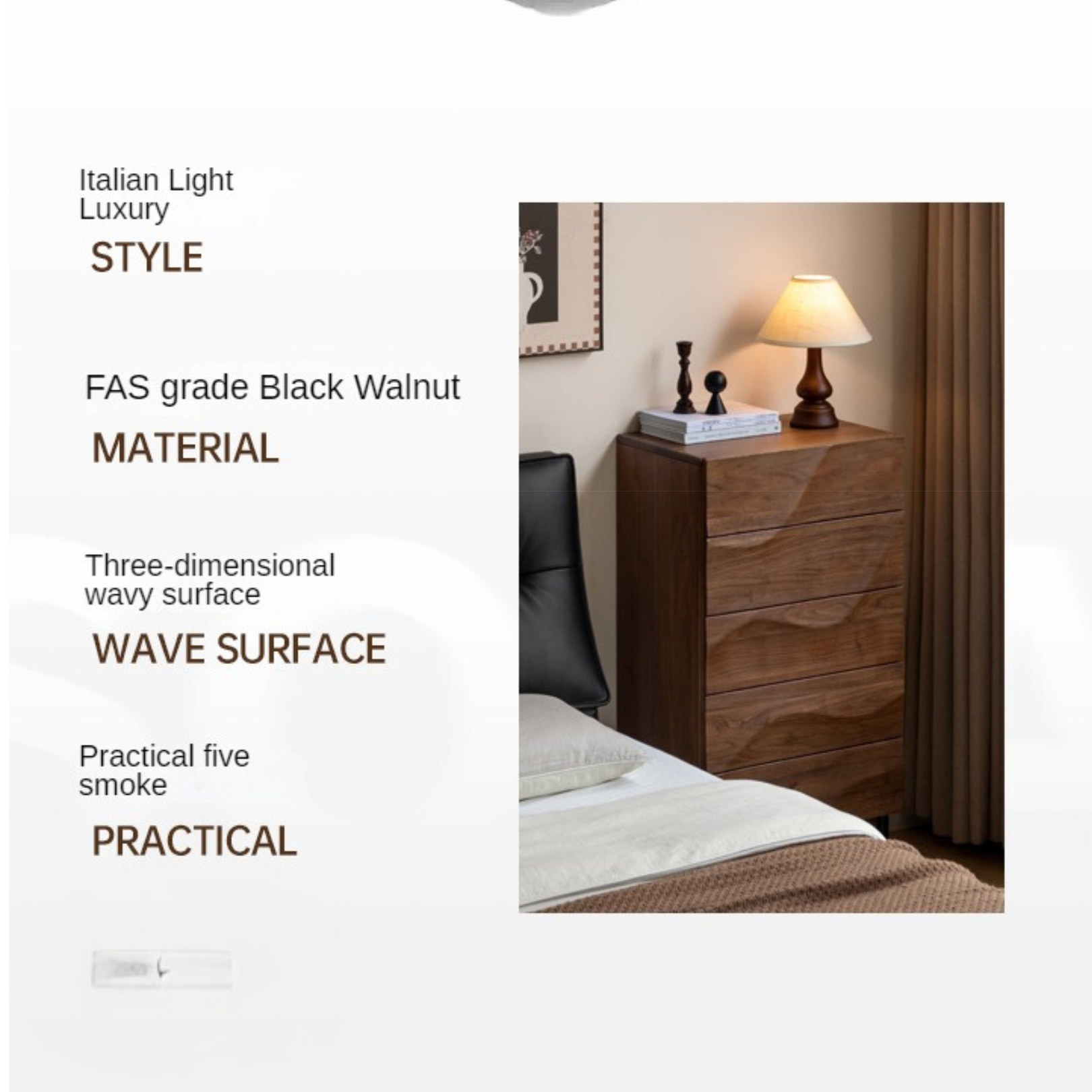 Black Walnut Solid Wood Wave Bedroom Side Cabinet,