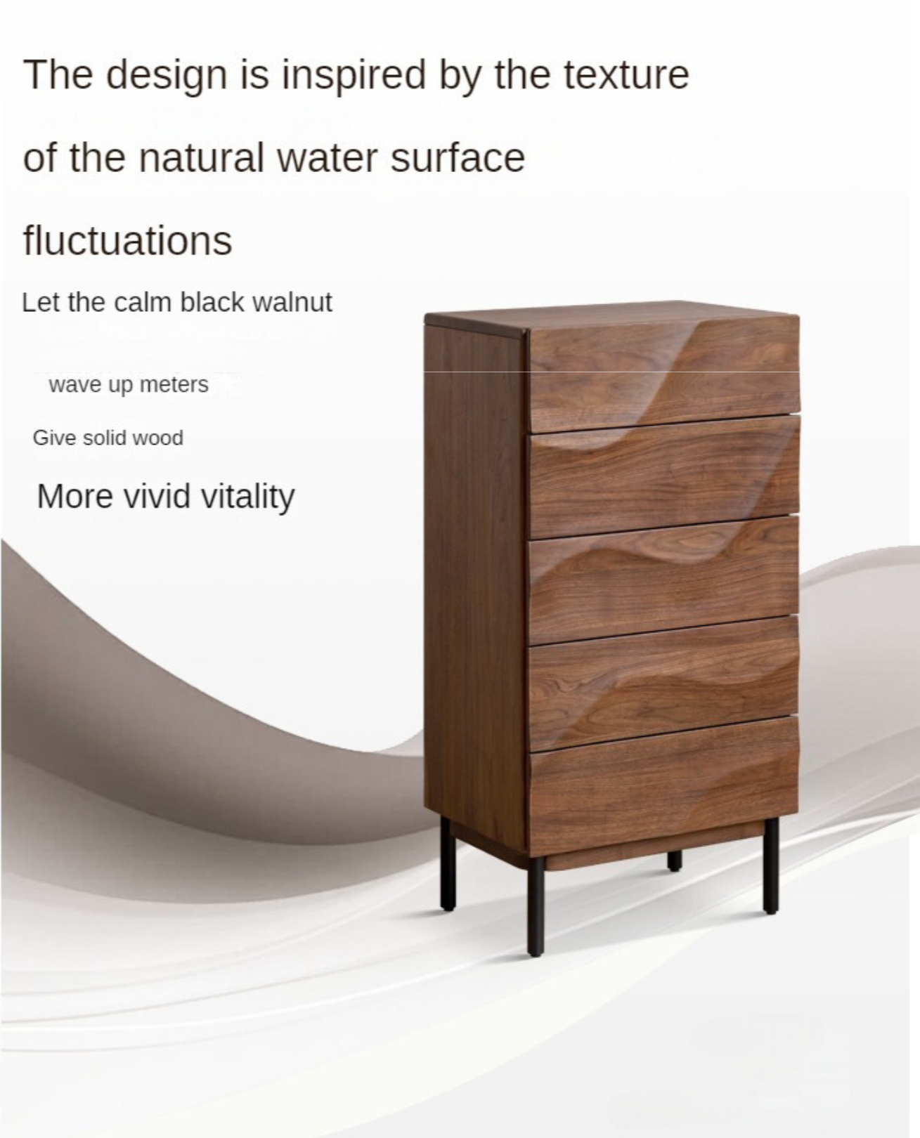 Black Walnut Solid Wood Wave Bedroom Side Cabinet,