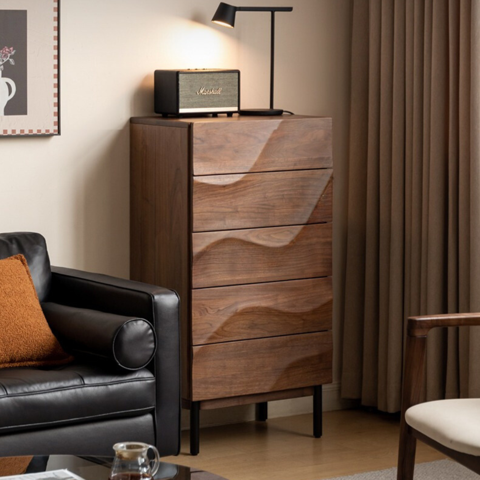 Black Walnut Solid Wood Wave Bedroom Side Cabinet,