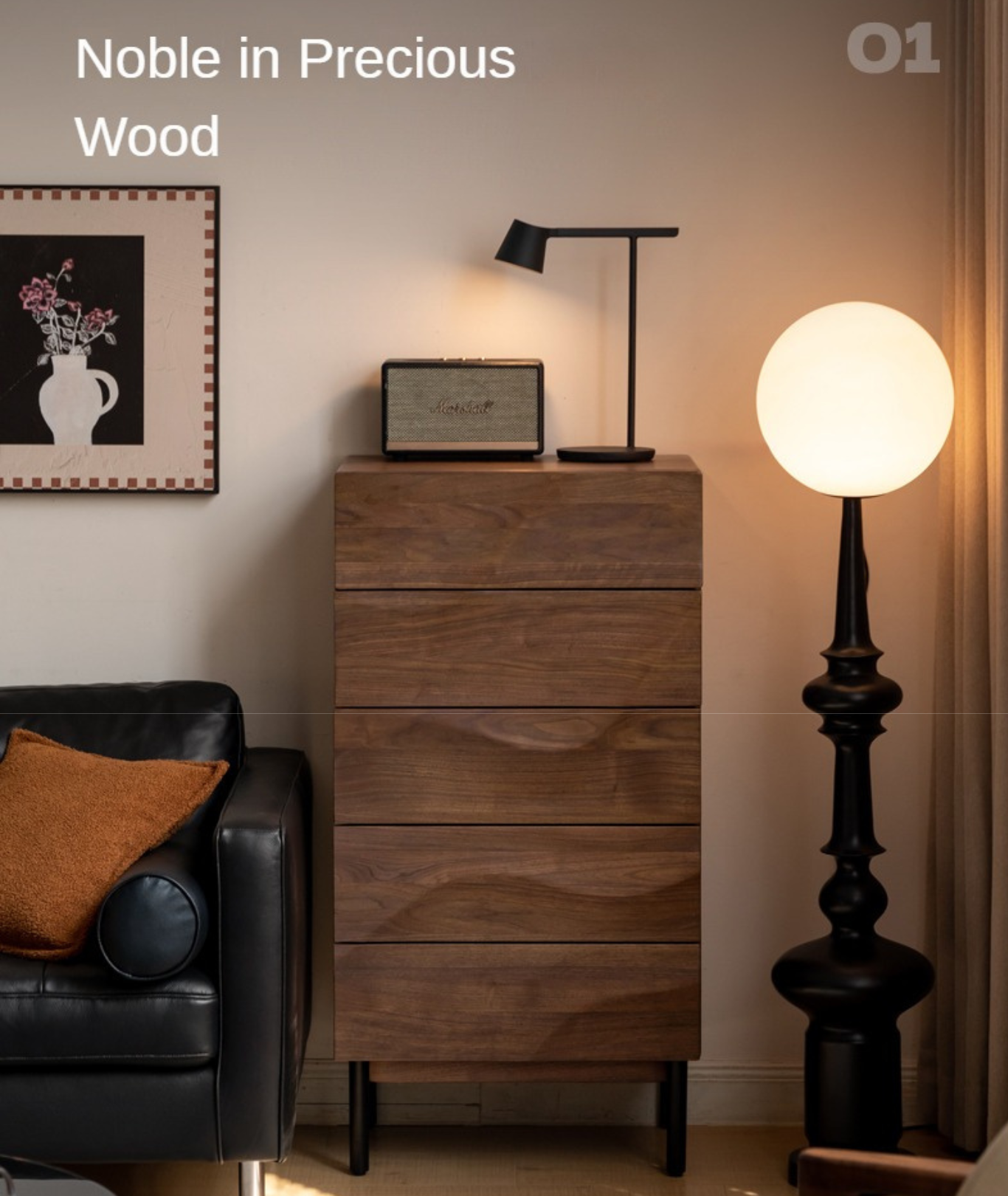 Black Walnut Solid Wood Wave Bedroom Side Cabinet,