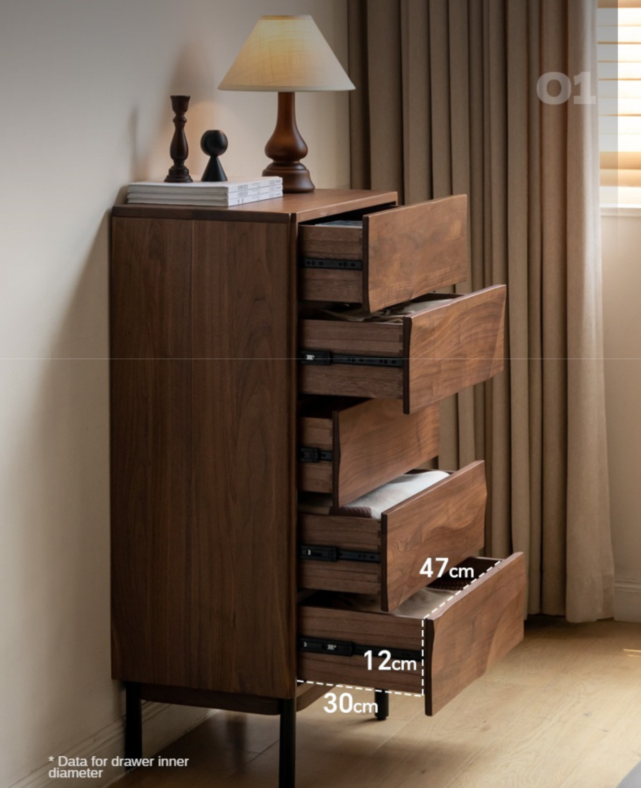 Black Walnut Solid Wood Wave Bedroom Side Cabinet,