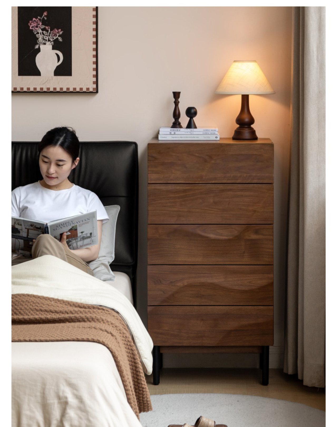 Black Walnut Solid Wood Wave Bedroom Side Cabinet,