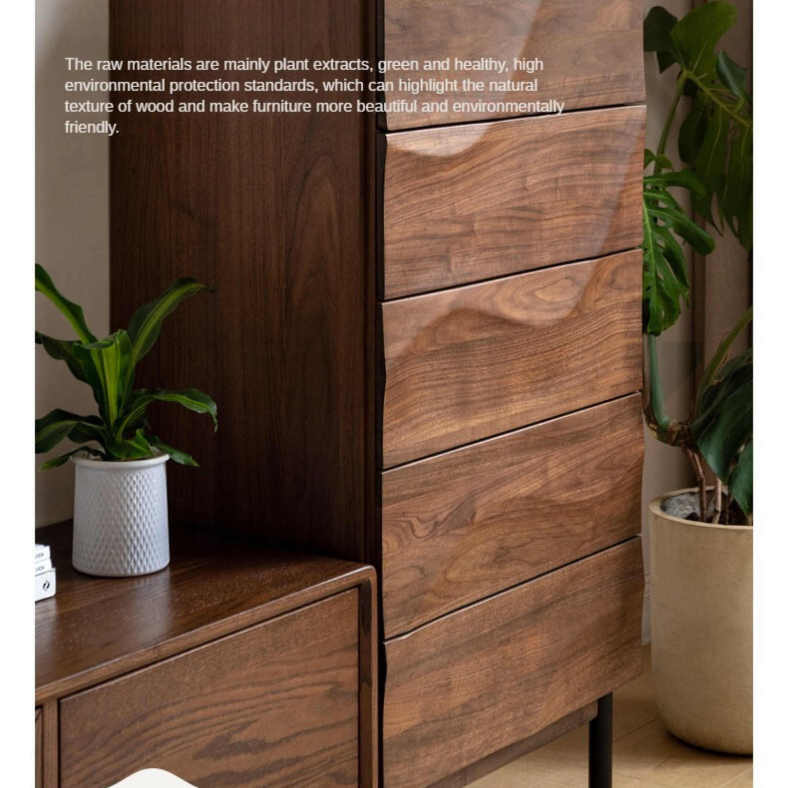 Black Walnut Solid Wood Wave Bedroom Side Cabinet,